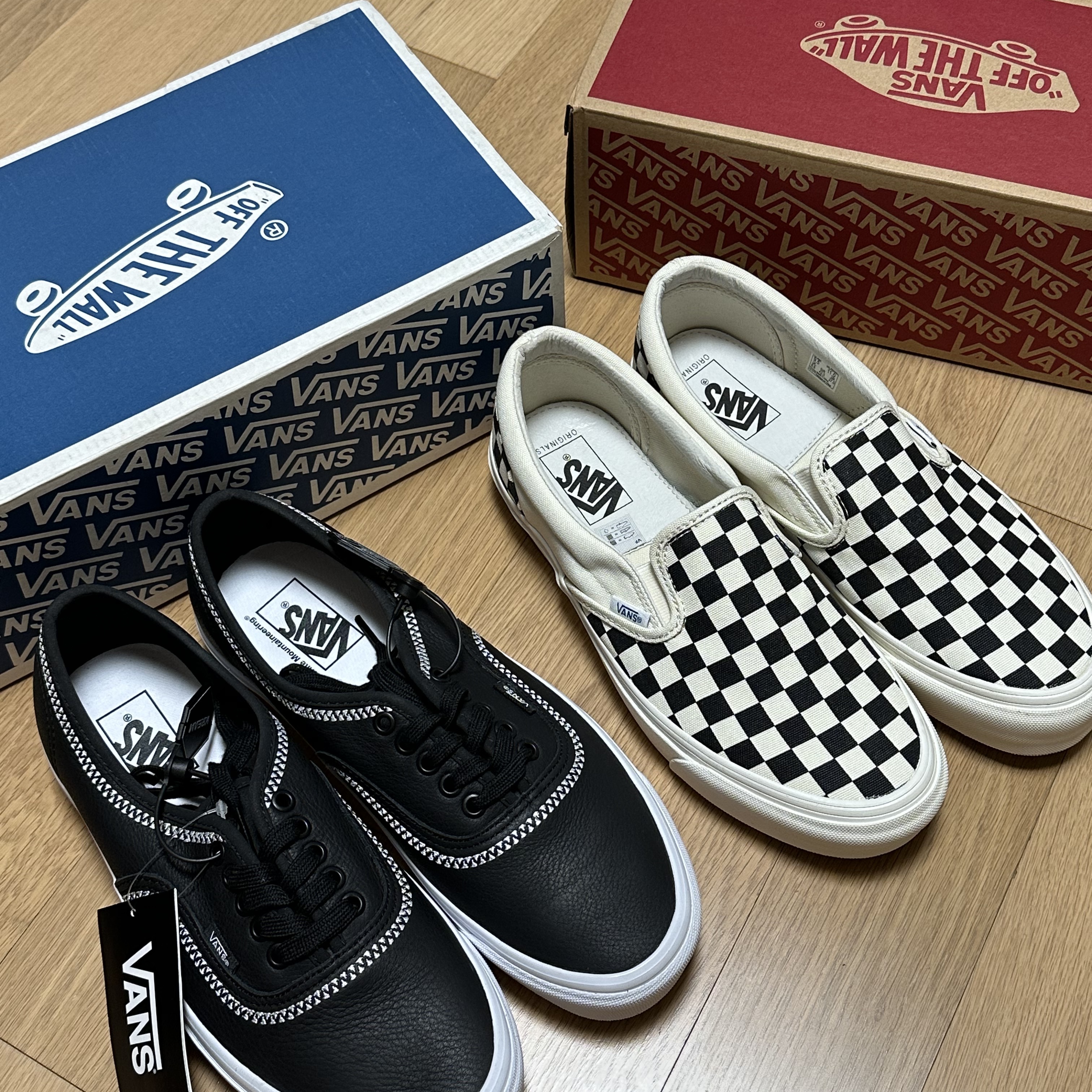 Vans x White Mountaineering Authentic 44 DX Black White, Vans Vault OG Classic Slip-On LX Checkerboard 착용 스타일 - 2