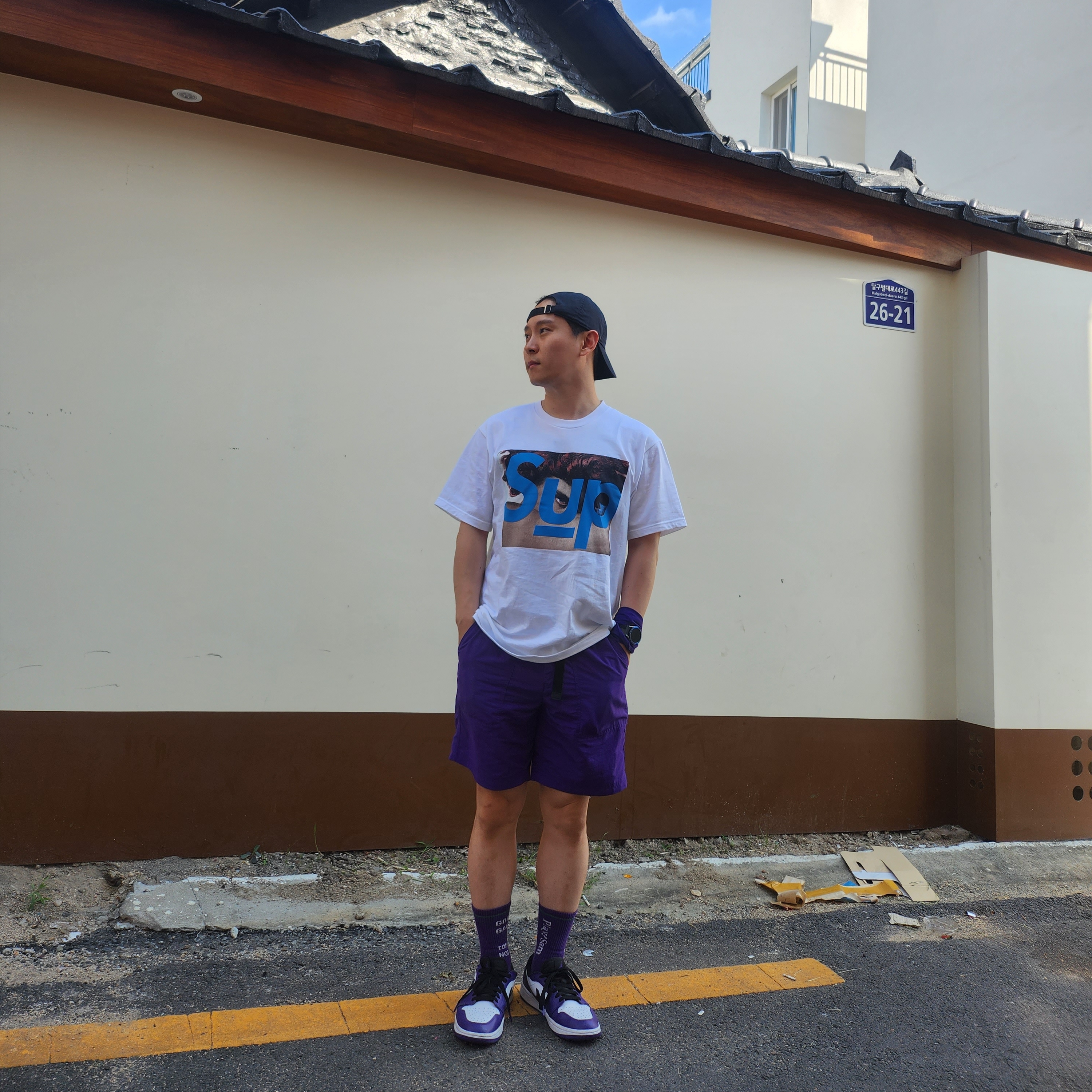 Jordan 1 Low Golf Court Purple, Supreme x Undercover Face T-Shirt White - 23SS 착용 스타일