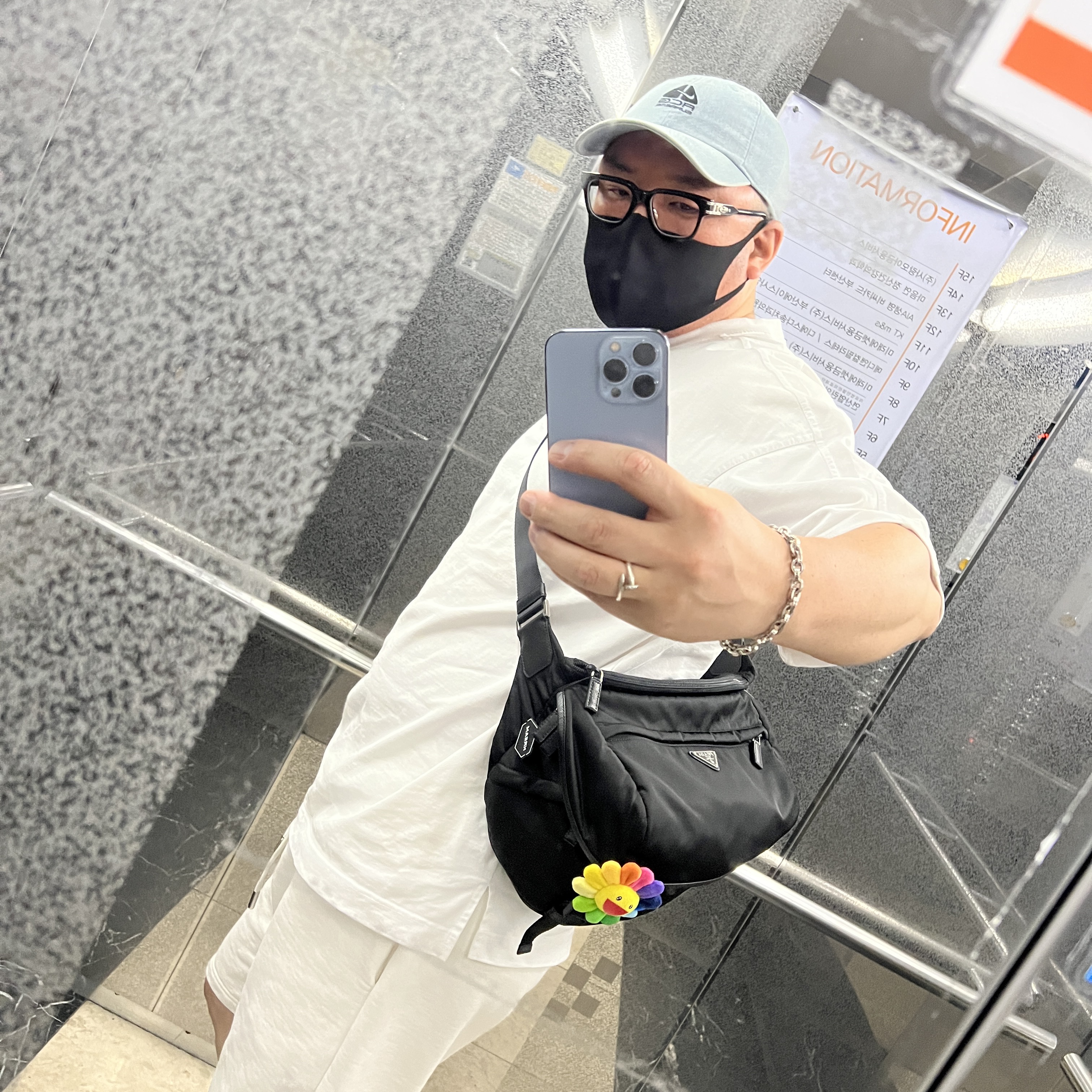 Prada Re-Nylon and Saffiano Leather Shoulder Bag Black, Supreme x Nike ACG Denim 6-Panel Washed Blue - 22FW 착용 스타일