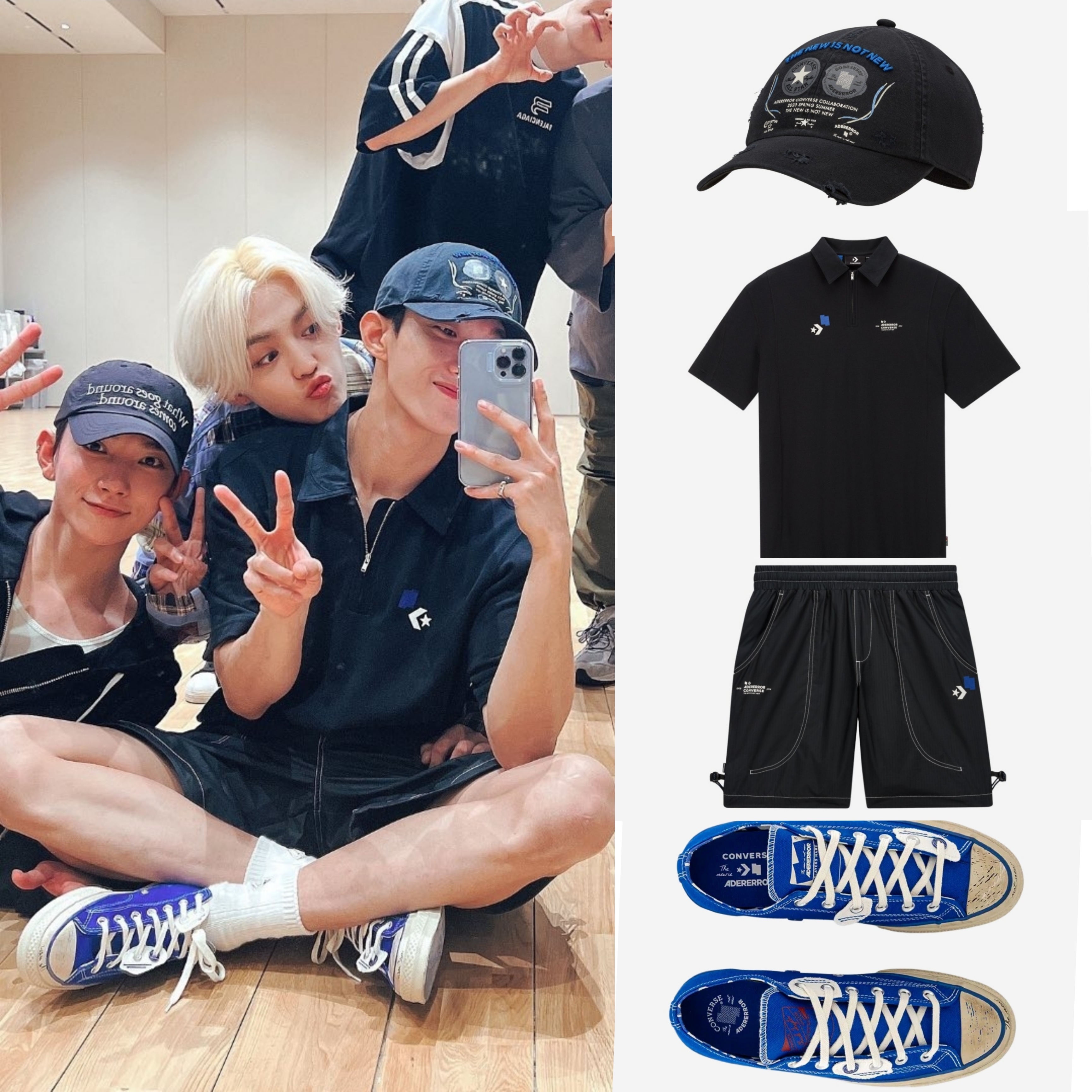 Converse x Ader Error Chuck 70 Ox Imperial Blue, Converse x Ader Error Baseball Cap Black 착용 스타일