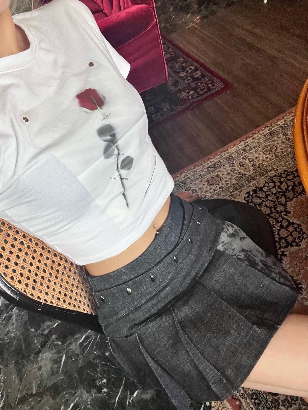 Darling You're Bad Women Stone Denim Pleats Skirt Blue 착용 스타일 - 2