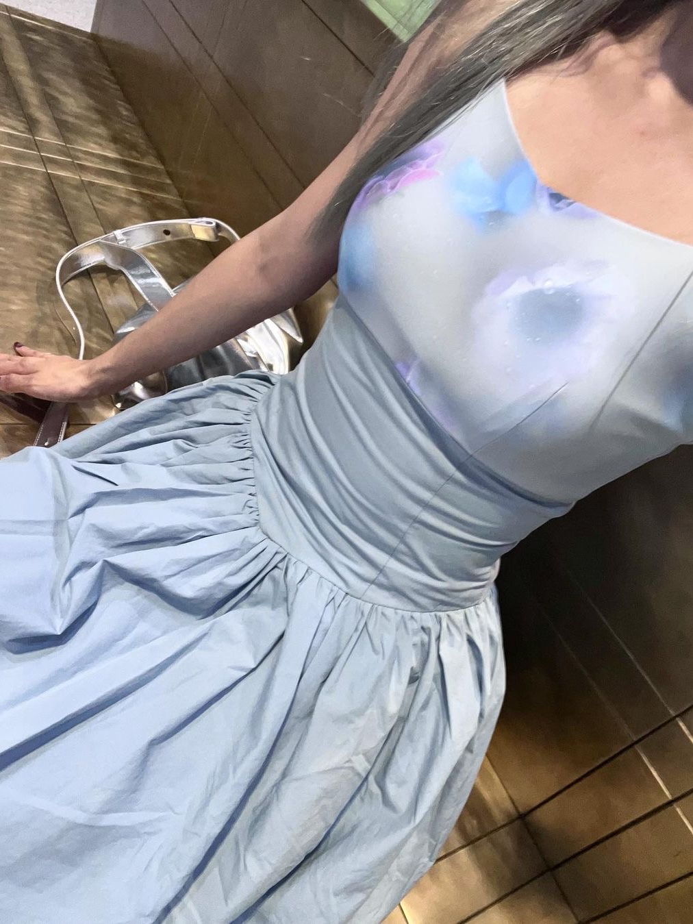 Darling You're Bad Women Unbalanced Shirring Long Dress Blue 착용 스타일 - 2
