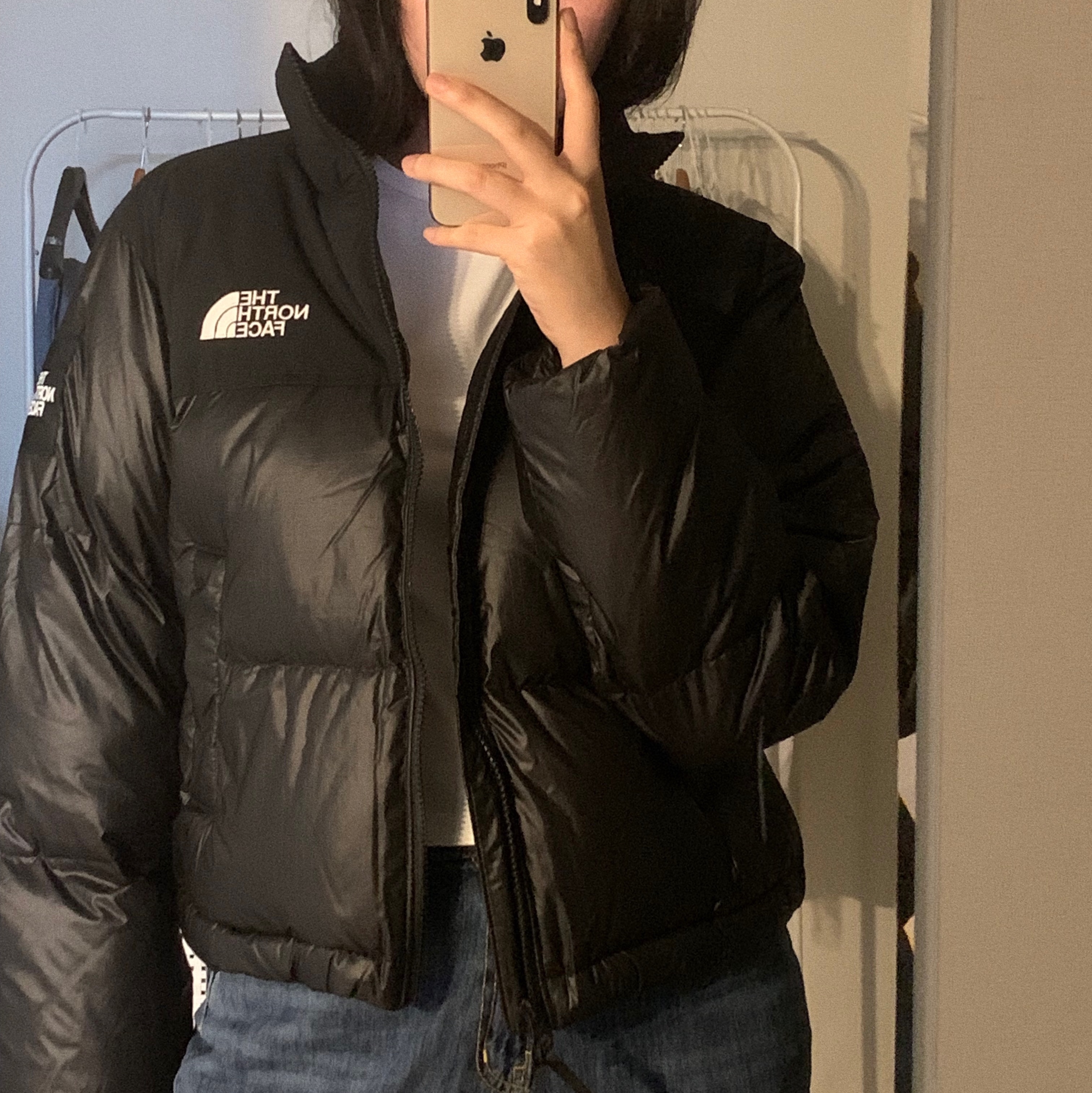 (W) The North Face White Label Novelty Nuptse Down Jacket Black 착용 스타일