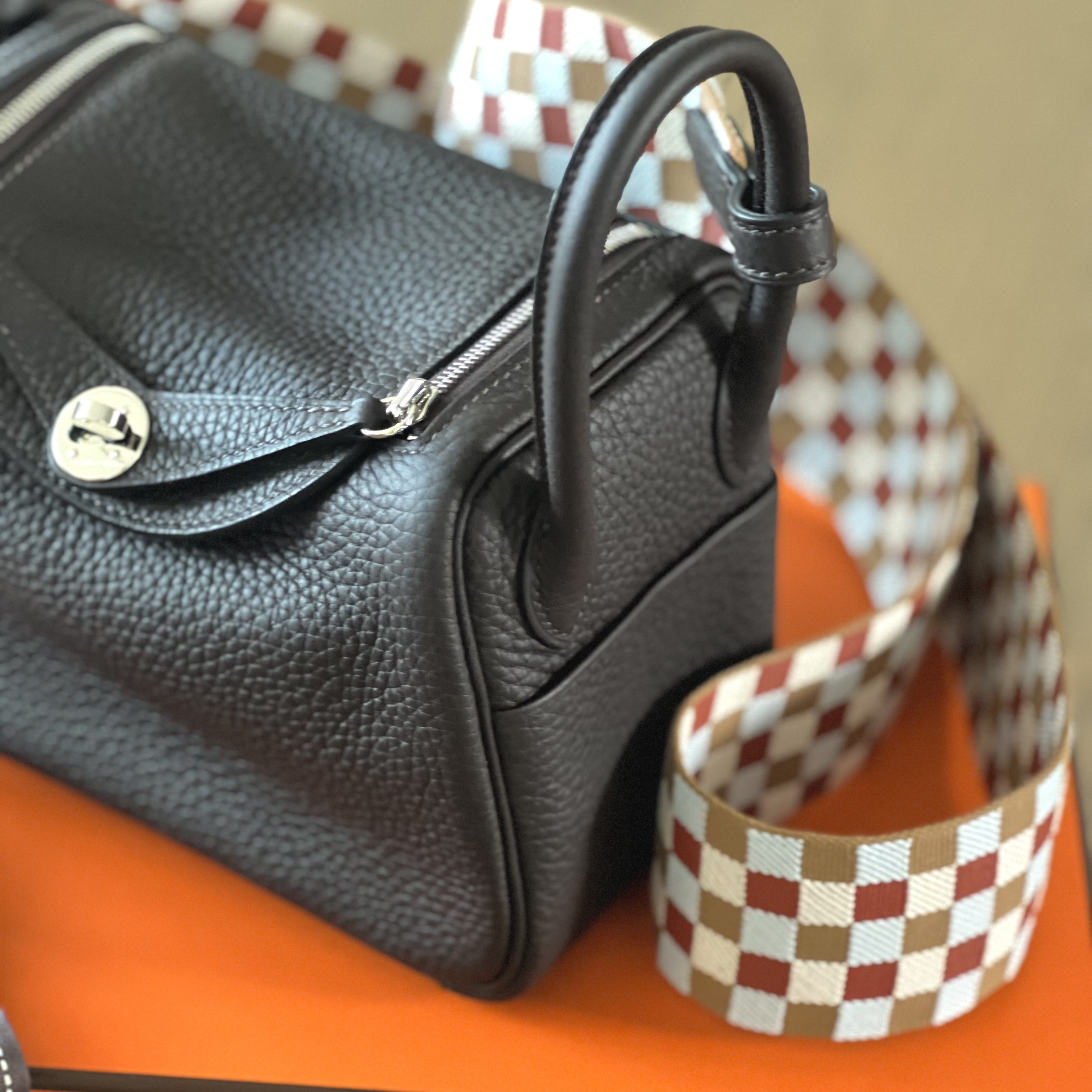 Hermes Lindy Mini Bag Clemence & Palladium Macassar Chai Nata Bleu Brume 착용 스타일