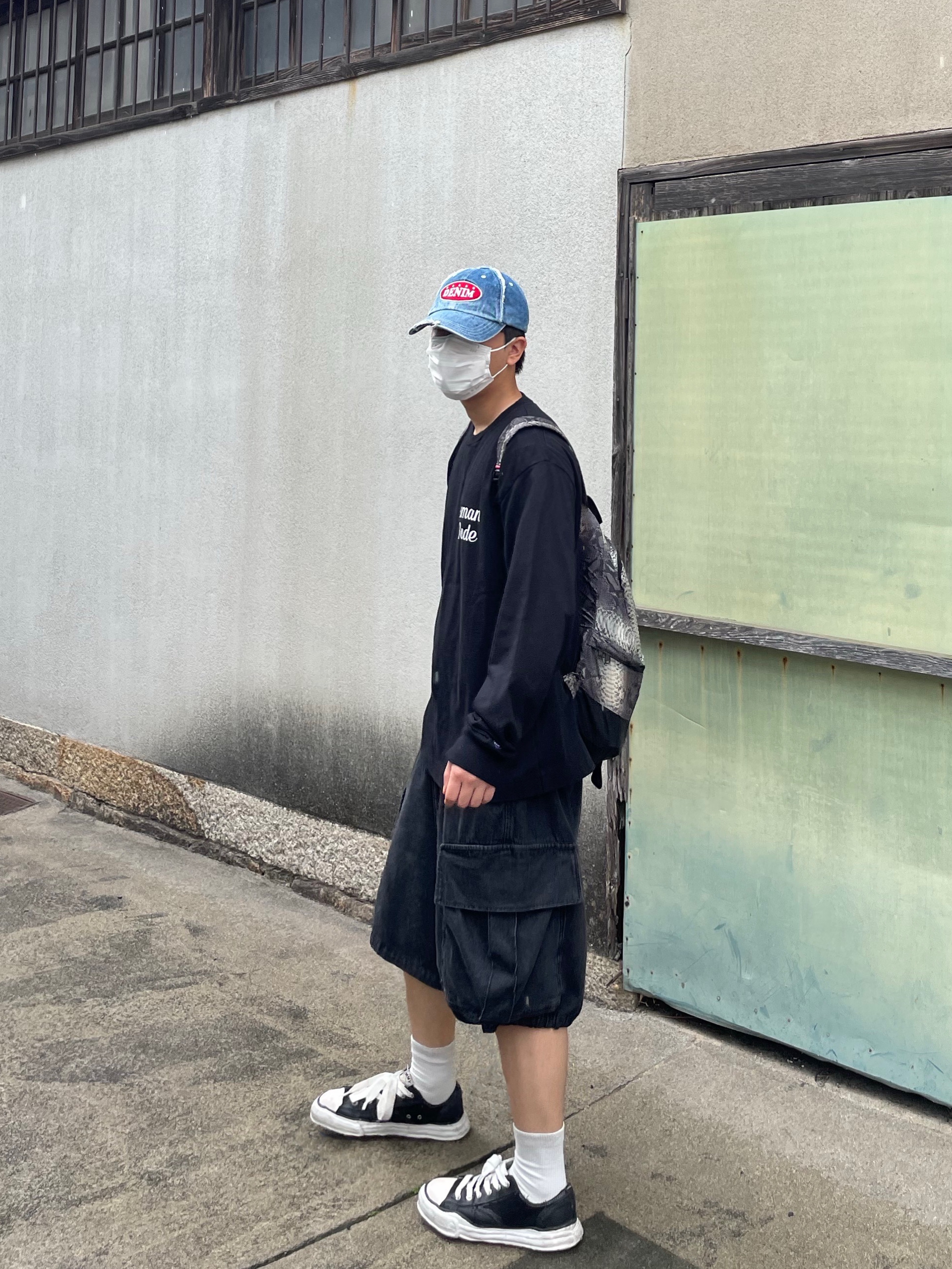 Maison Mihara Yasuhiro Peterson OG Sole Canvas Low Sneakers Black, Human Made Graphic L/S T-Shirt #3 Black 착용 스타일 - 4