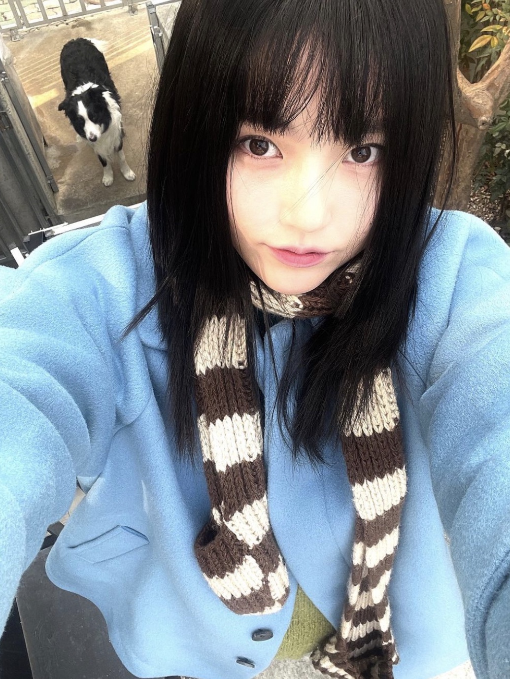 Open Yy Stripe Pocket Scarf Brown Beige, Open Yy Stripe Pocket Scarf Black Ivory 착용 스타일