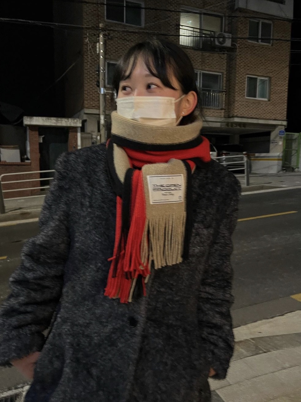 Open Yy Fringe Stripe Muffler Red, Open Yy Fringe Stripe Muffler Cream 착용 스타일
