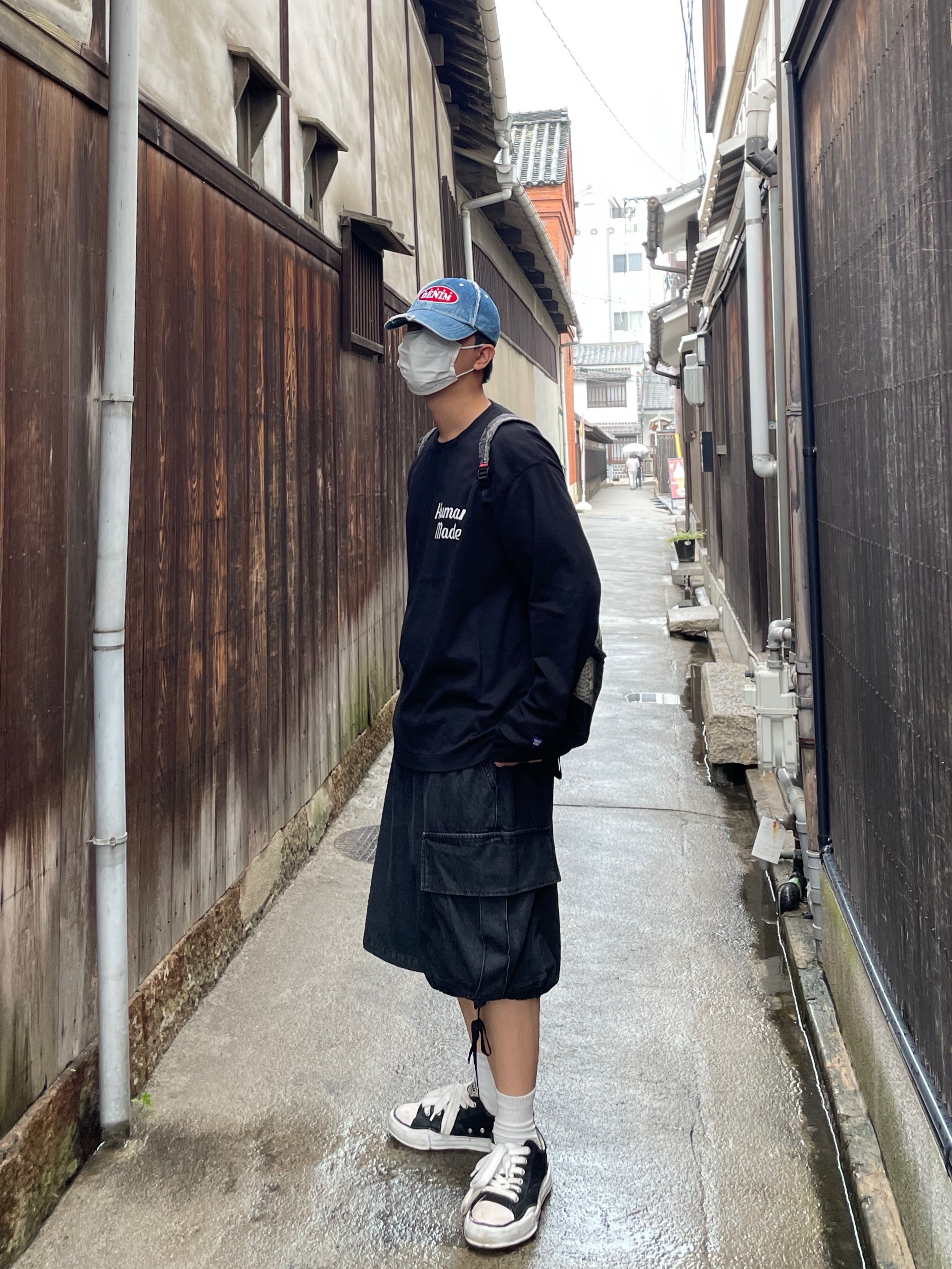 Maison Mihara Yasuhiro Peterson OG Sole Canvas Low Sneakers Black, Human Made Graphic L/S T-Shirt #3 Black 착용 스타일 - 2