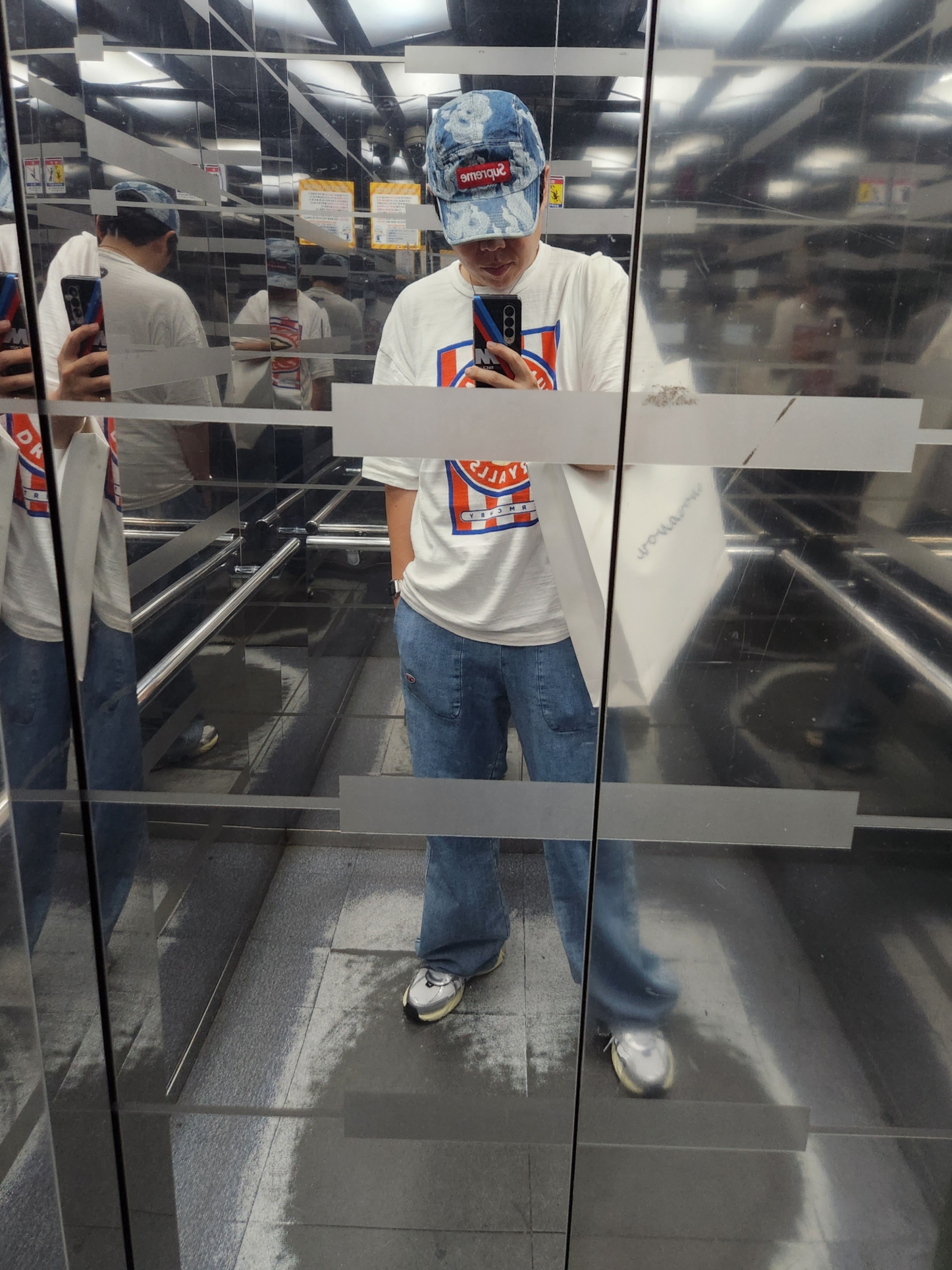 Nike V2K Run Summit White Metallic Silver, Supreme Flames Jacquard Denim Camp Cap Washed Indigo - 23SS 착용 스타일 - 1