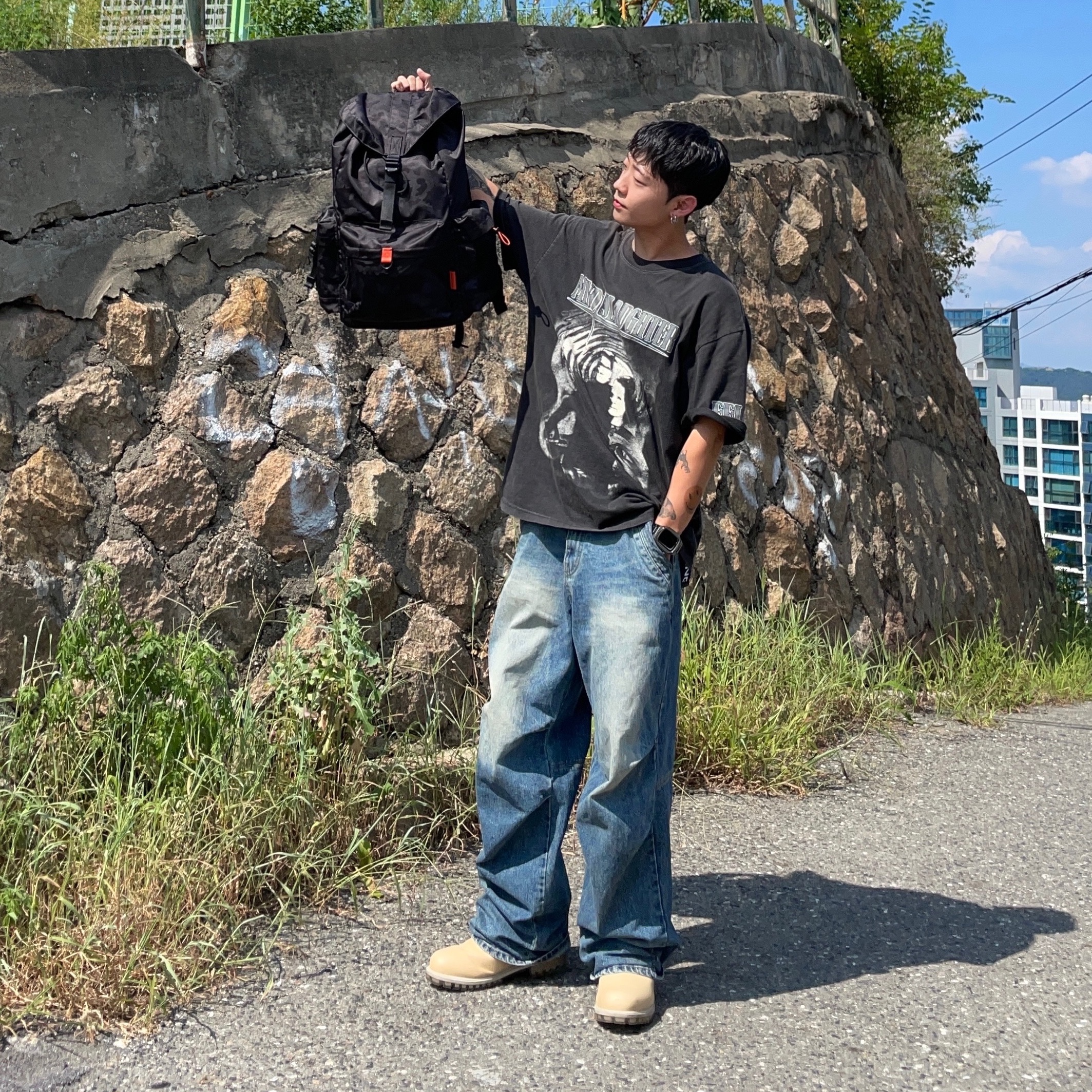 Project G/R Mind Slaughter Vintage Washeed T-Shirt Black 착용 스타일