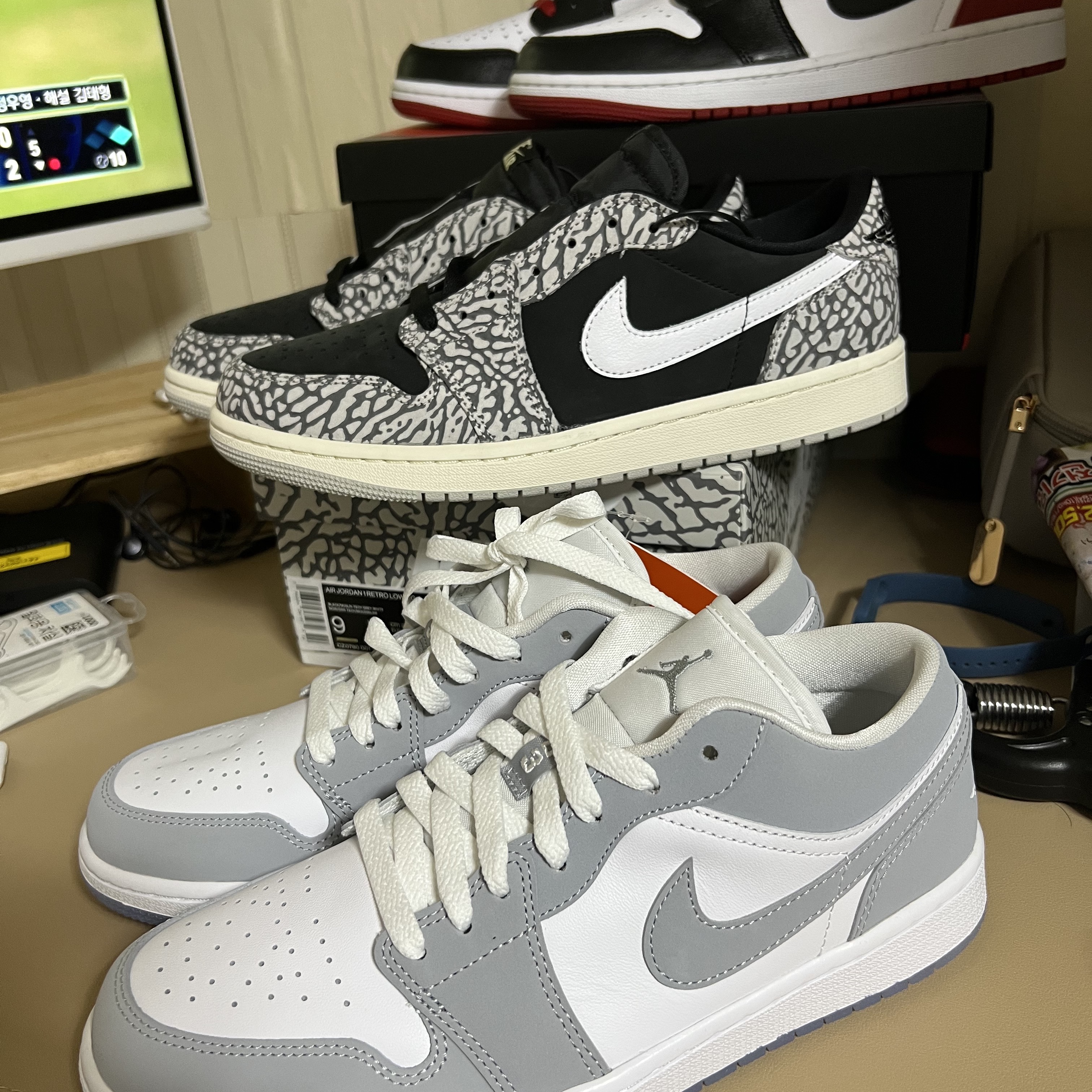 Jordan 1 Retro Low OG Black Cement, Jordan 1 Low Bred Toe 착용 스타일