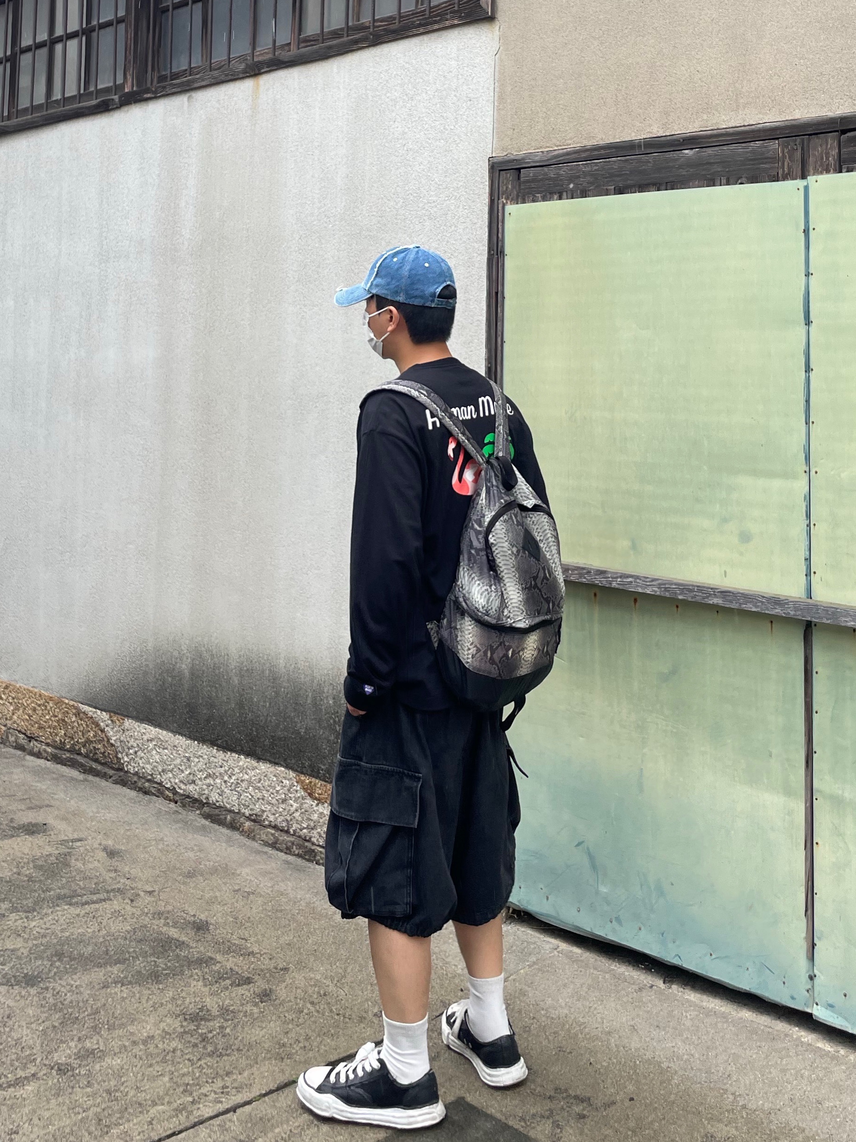 Maison Mihara Yasuhiro Peterson OG Sole Canvas Low Sneakers Black, Human Made Graphic L/S T-Shirt #3 Black 착용 스타일 - 3