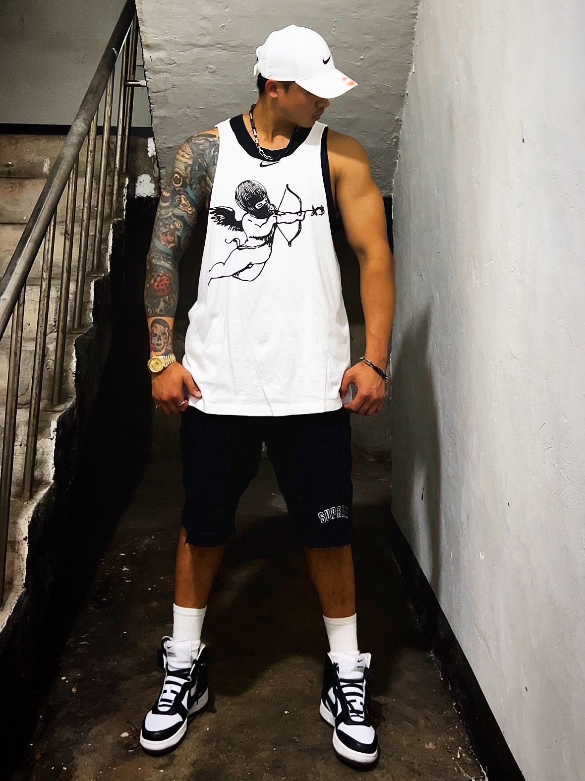 Nike x Drake Certified Lover Boy Hat White, Supreme Reverse Patchwork Sweatshorts Black - 22SS 착용 스타일 - 2
