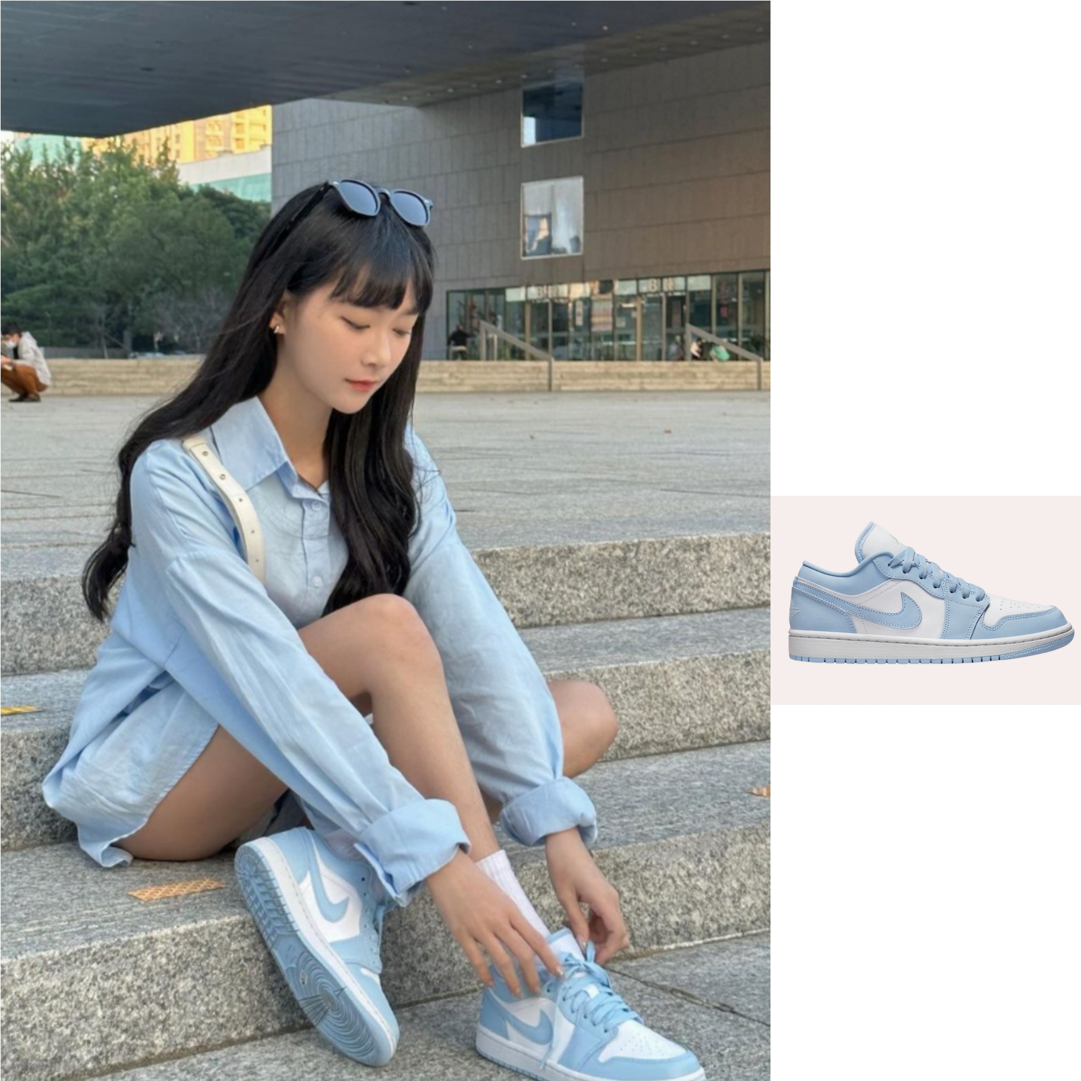(W) Jordan 1 Low White Ice Blue 착용 스타일 - 1
