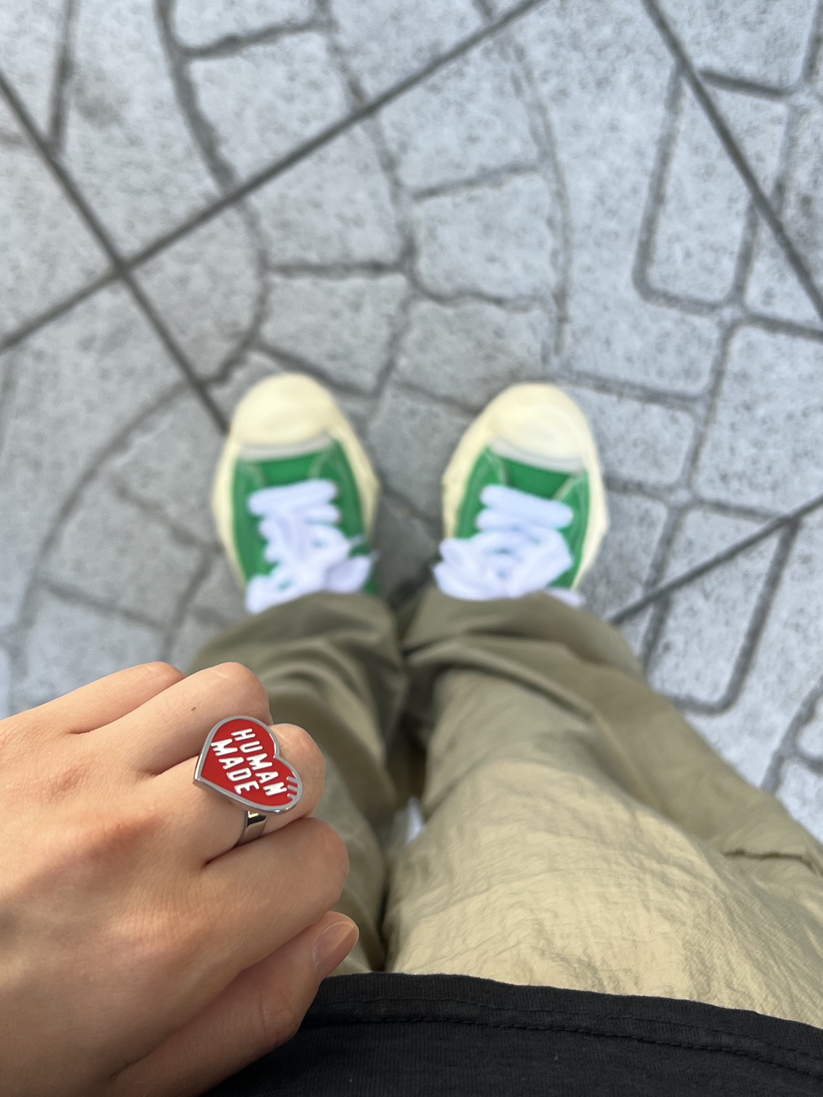 Maison Mihara Yasuhiro Hank VL OG Sole Canvas Low-top Sneakers Green, Human Made Heart Ring Red 착용 스타일