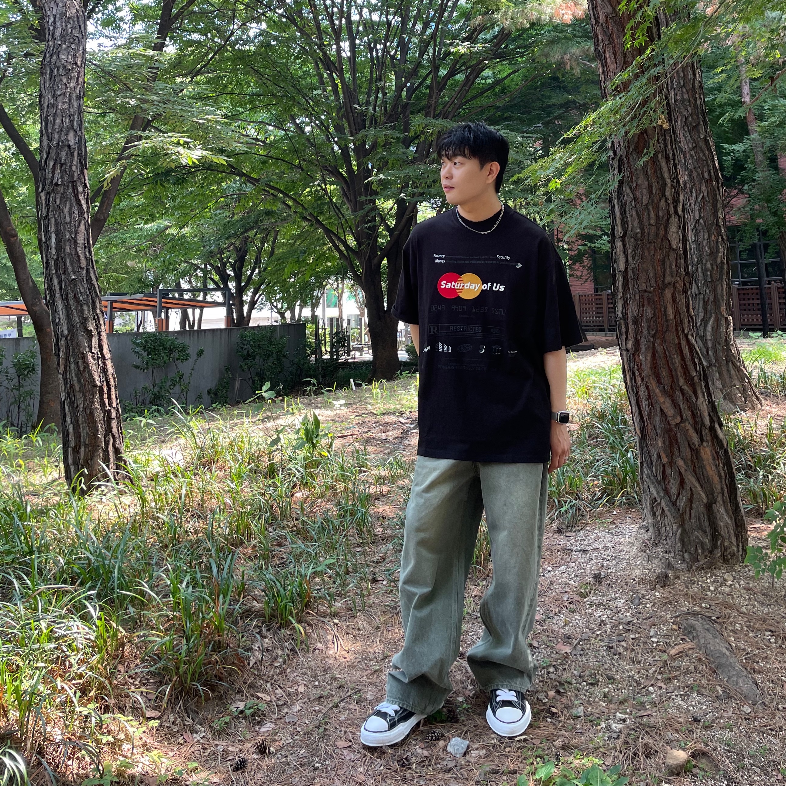 Maison Mihara Yasuhiro Peterson OG Sole Canvas Low Sneakers Black, [KREAM 단독] STU Bank Embroidery Printing T-Shirt Black 착용 스타일 - 2