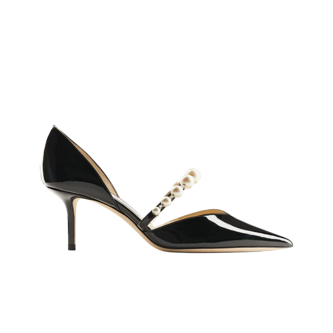 (W) 지미추 오렐리 65 페이턴트 레더 포인티드 펌프스 펄 엠벨리시먼트 블랙 화이트((W) Jimmy Choo Aurelie 65 Patent Leather Pointed Pumps with Pearl Embellishment Black White)