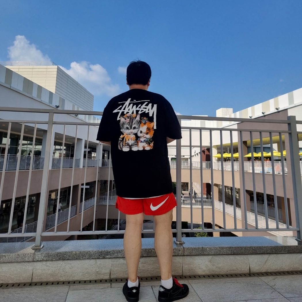 Stussy Kittens T-Shirt Black, Nike x Stussy Water Shorts Habanero Red 착용 스타일