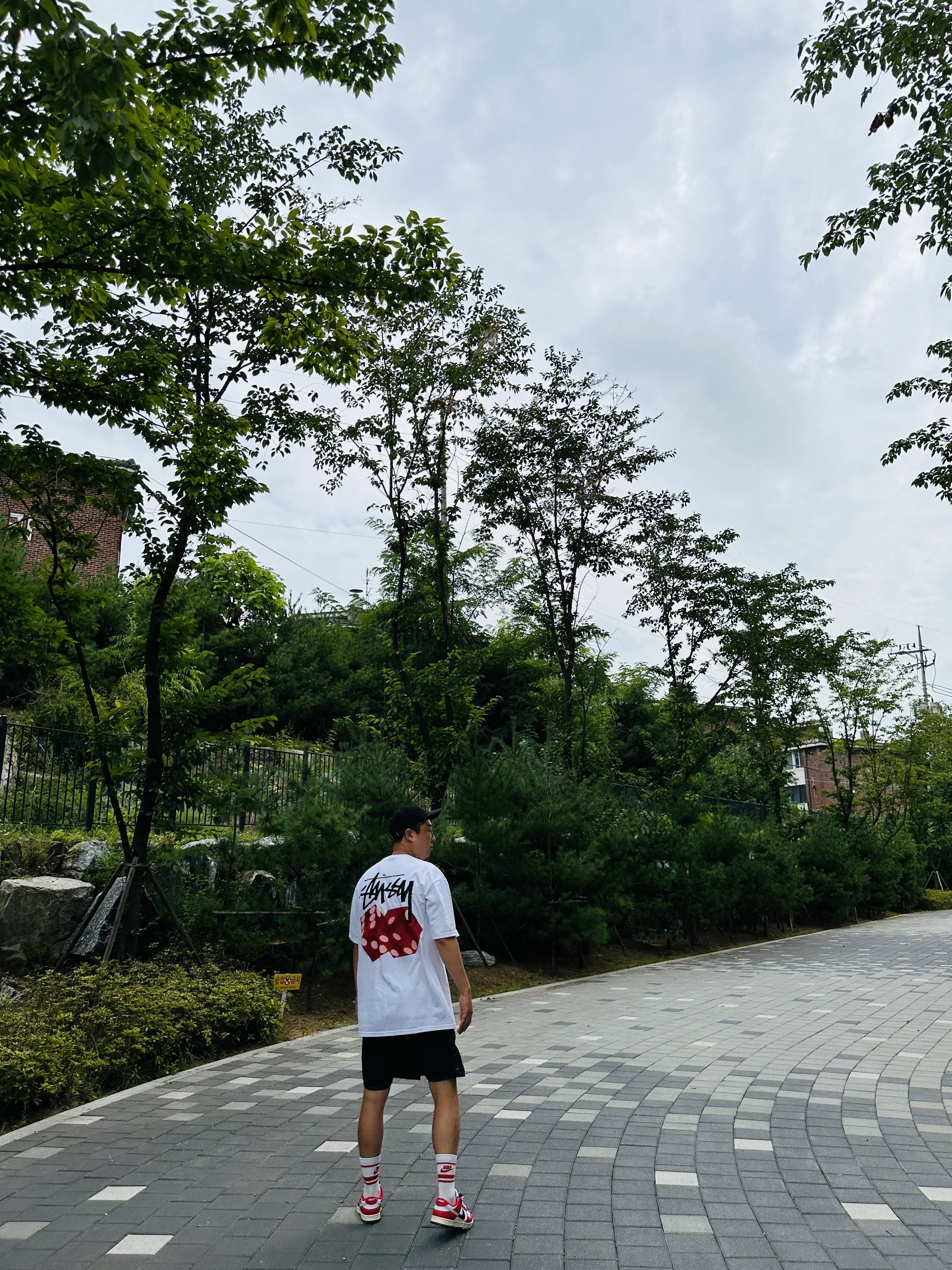Stussy Bio Washed Big Logo Low Pro Cap Black, Stussy Diced Out T-Shirt White 착용 스타일 - 4