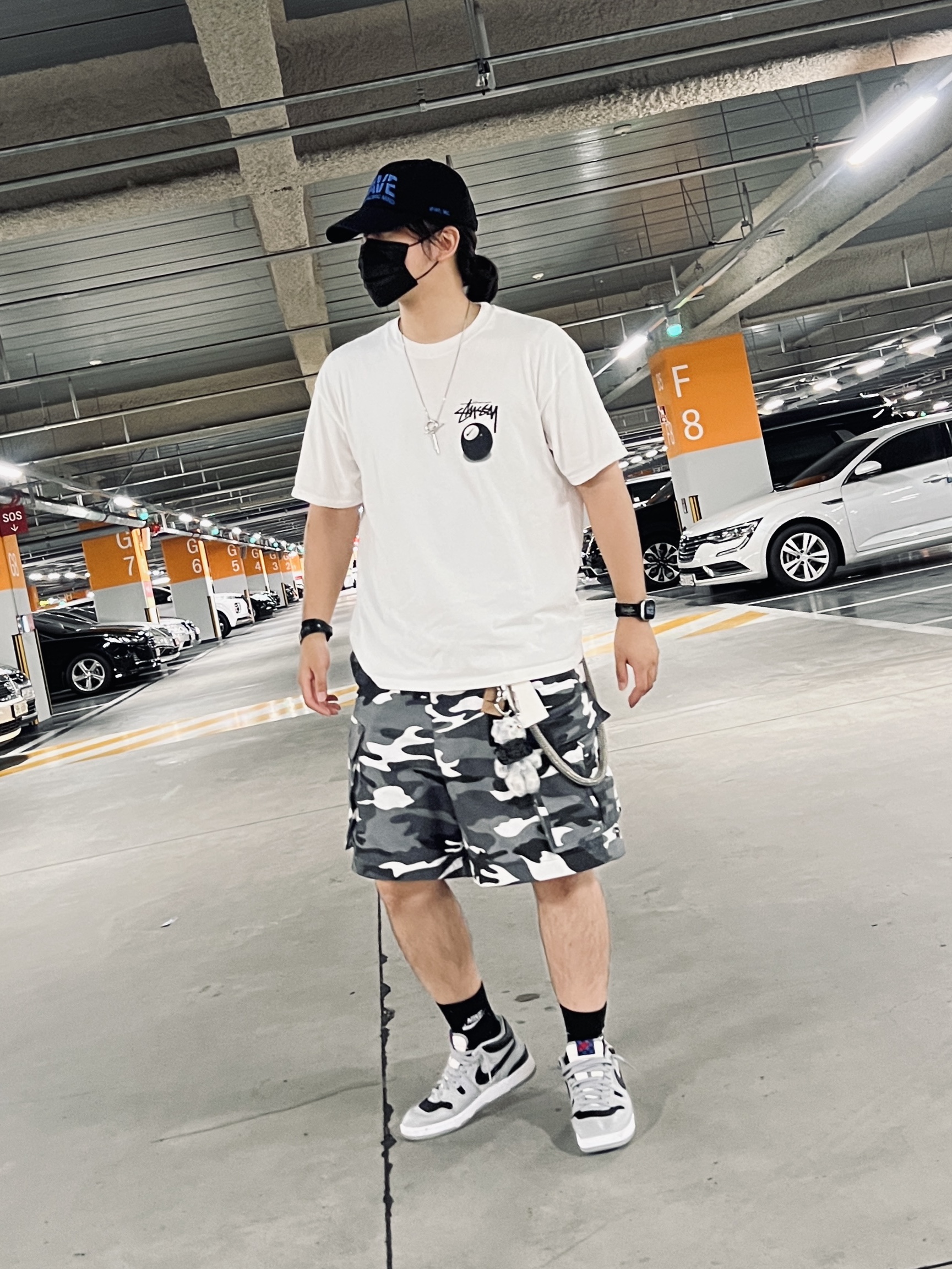 Nike x Stussy NRG FL SS 8 Ball T-Shirt White (DO9322-100), Project G/R Oversized Convertible Cargo Pants City Camo 착용 스타일 - 1