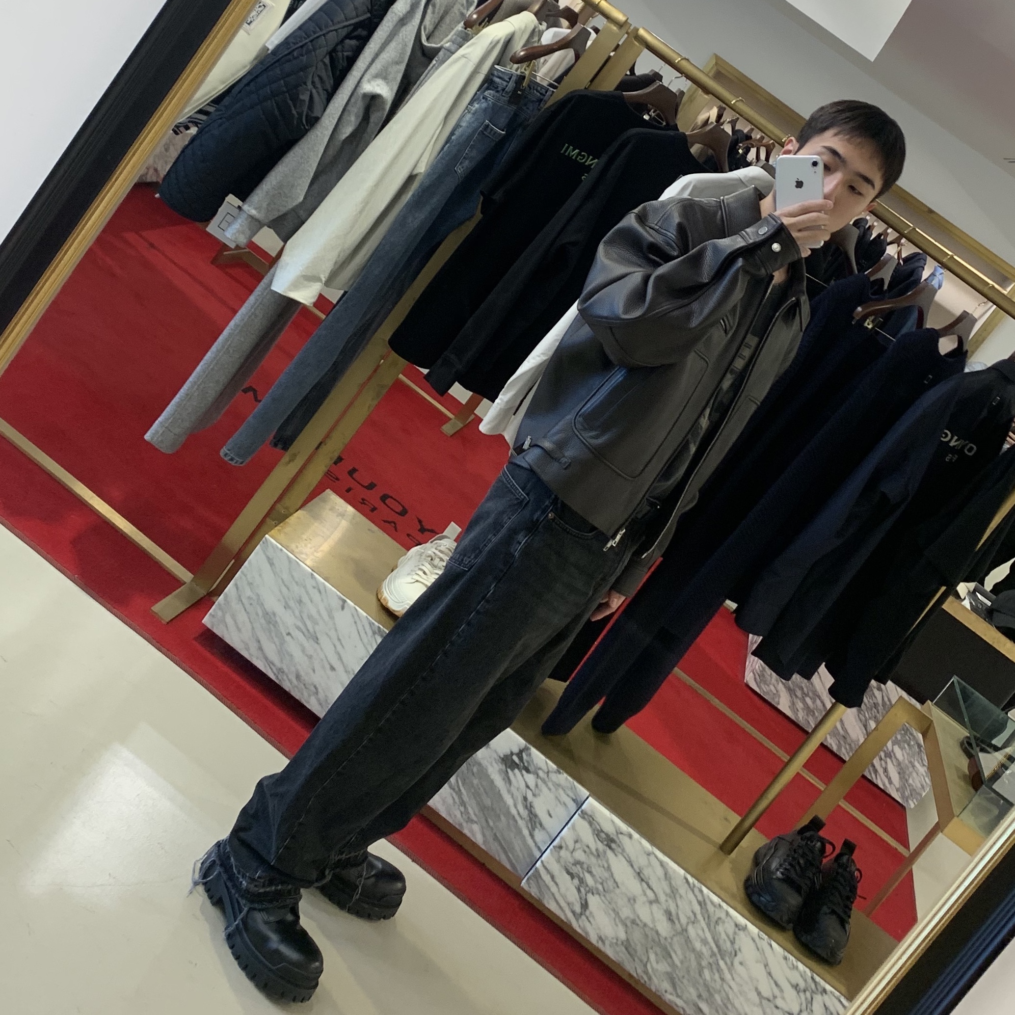 Balenciaga Combat Strike 20mm Boots Black, Wooyoungmi Cropped Leather Jacket Brown- 22FW 착용 스타일 - 1