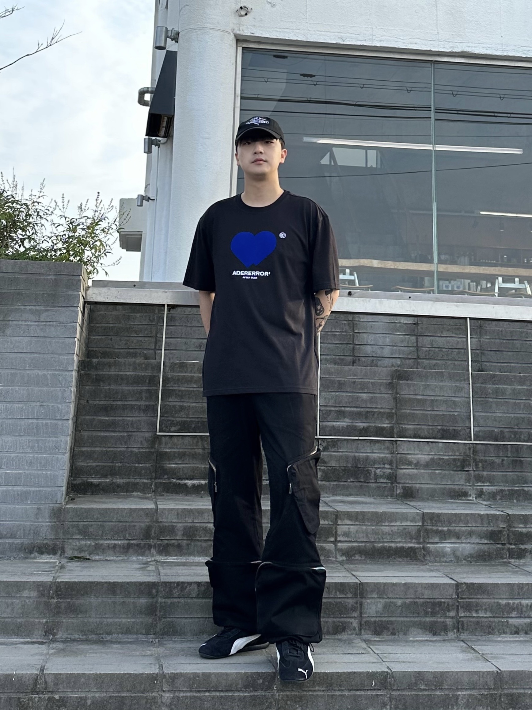 Puma Speedcat LS Black White, Ader Error Twin Heart Logo T-Shirt Noir 착용 스타일