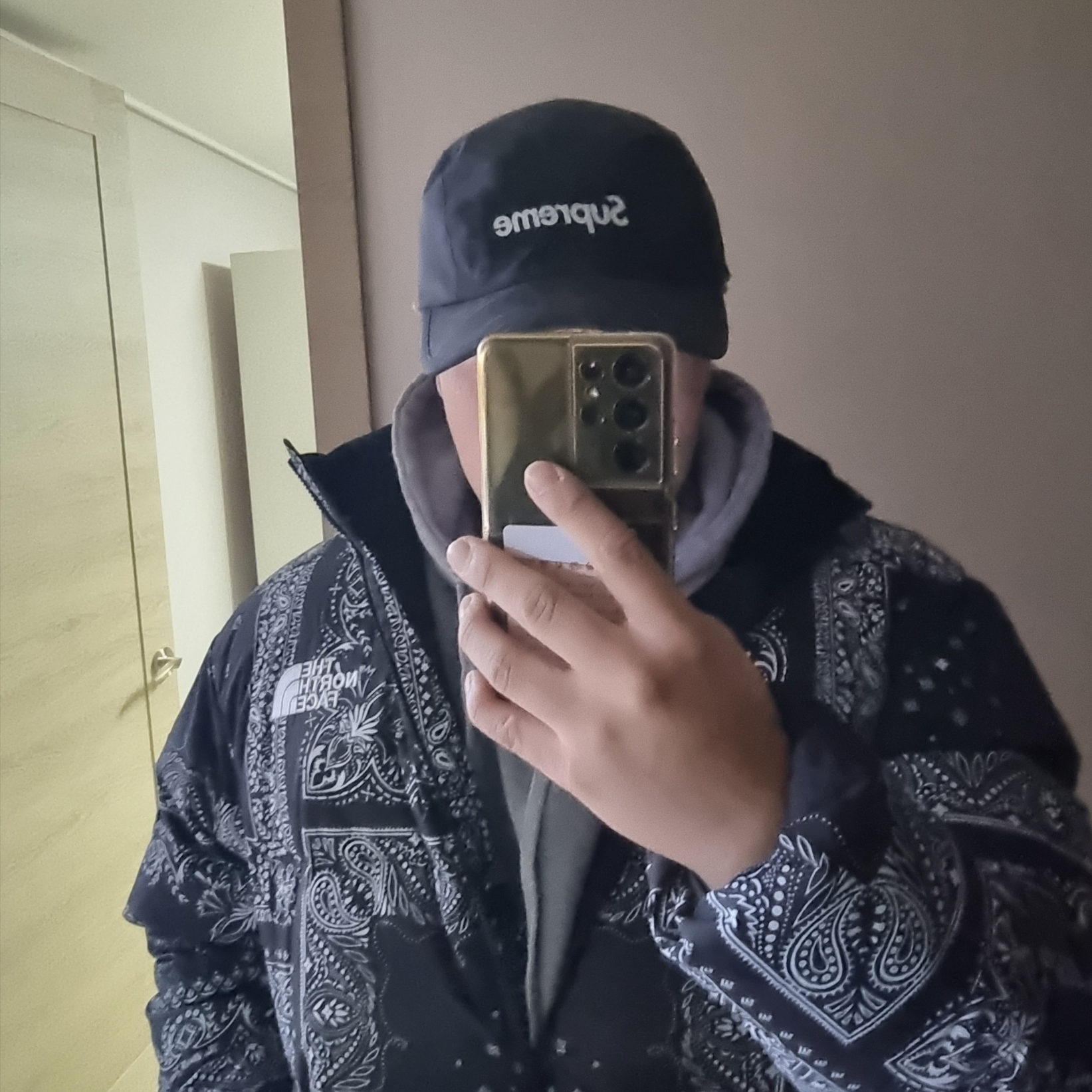 The North Face Novelty Lofty Down Jacket Real Black, Supreme Tiger Camo Reflective Camp Cap Black - 22FW 착용 스타일