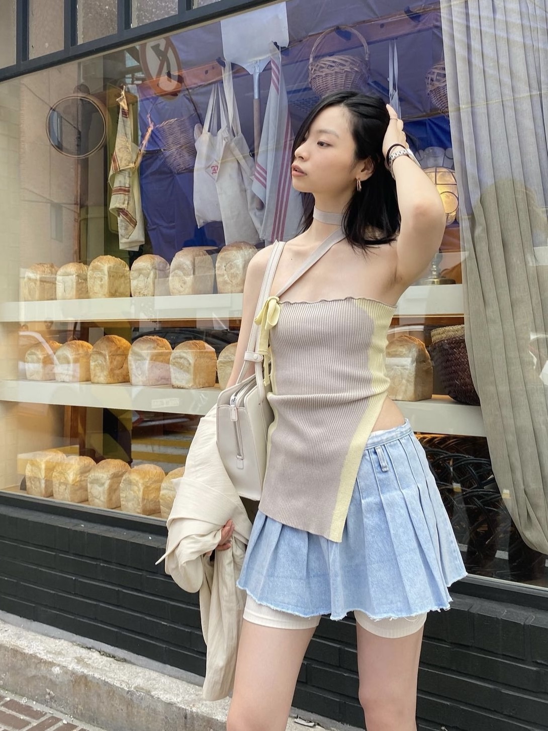 Porta Women Corn Denim Pleats Skirt Light Blue, Porta Women Denim Pleats Skirt Dark Blue 착용 스타일