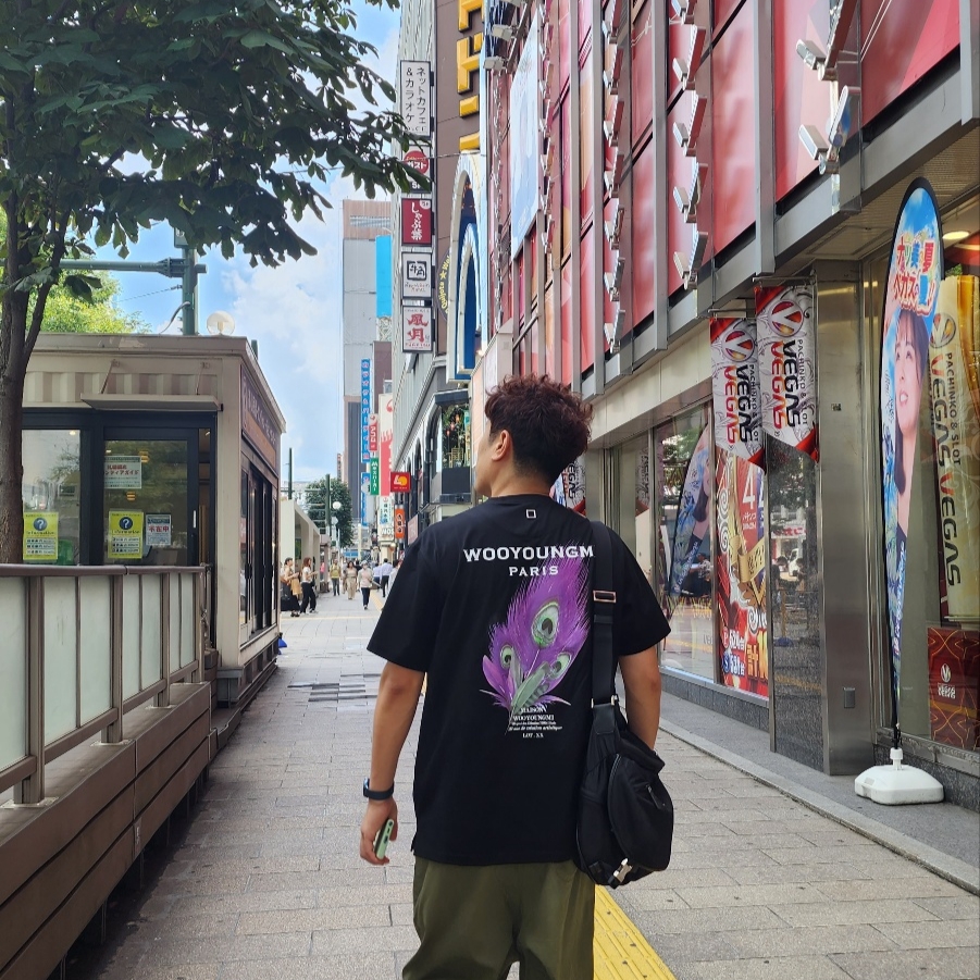Wooyoungmi Feather Back Logo T-Shirt Black - 23SS, Prada Re-Nylon and Saffiano Leather Shoulder Bag Black 착용 스타일