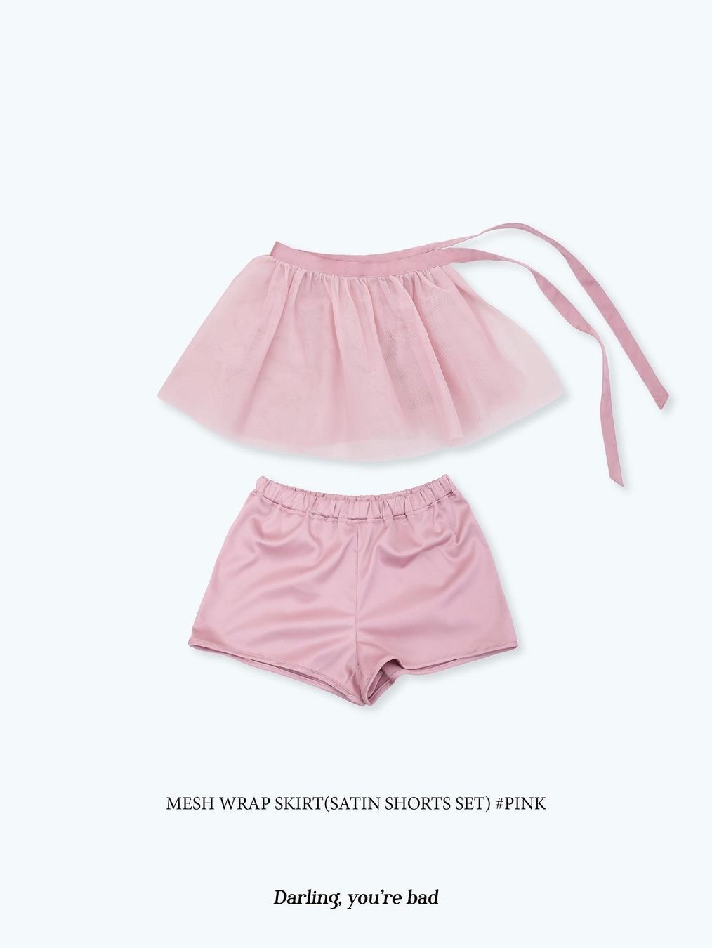 Darling You're Bad Women Mesh Wrap Skirt Satin Shorts Pink Set 착용 스타일 - 2