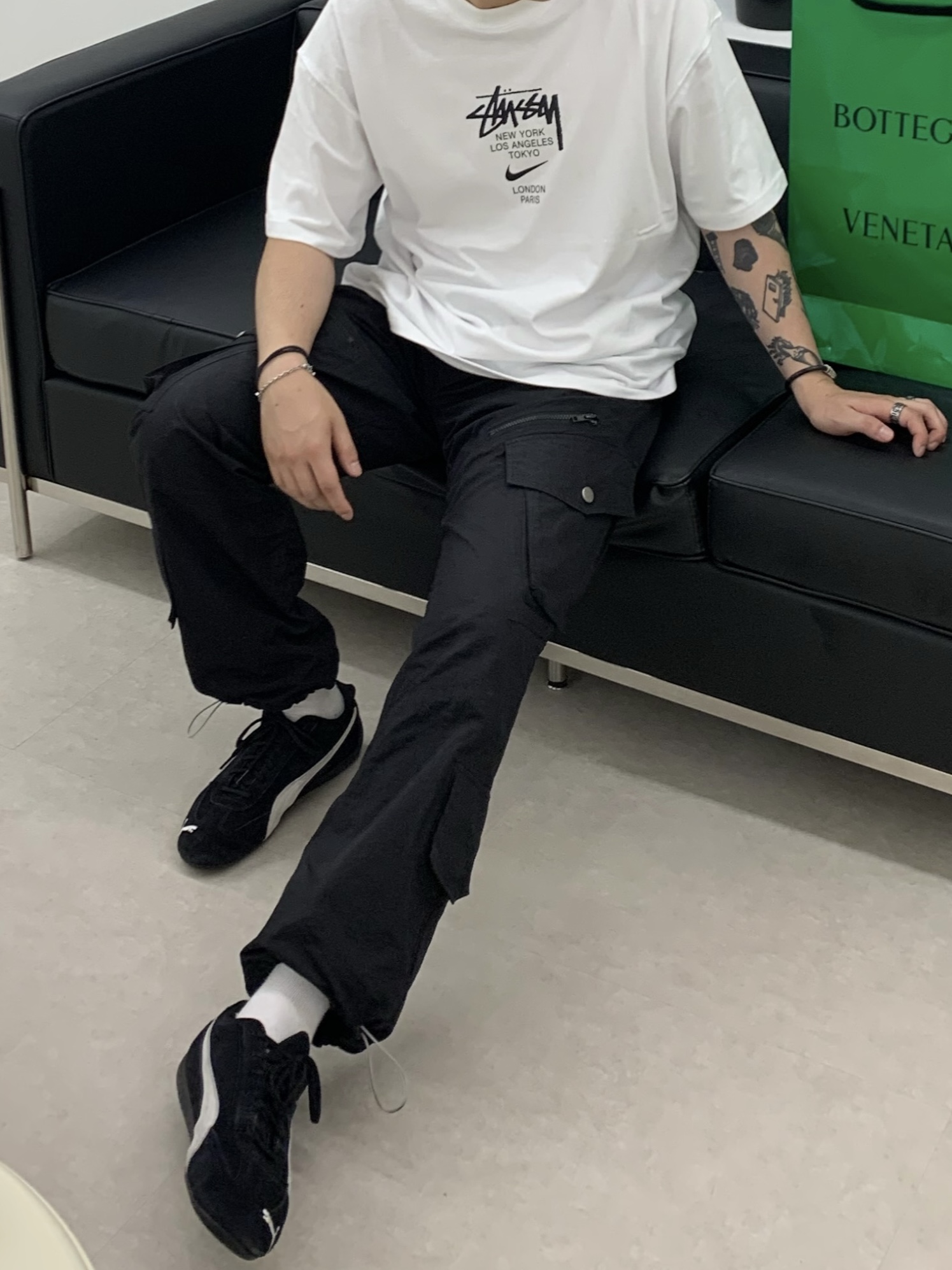 Nike x Stussy WT T-Shirt White - US/EU, Puma Speedcat LS Black White 착용 스타일 - 2