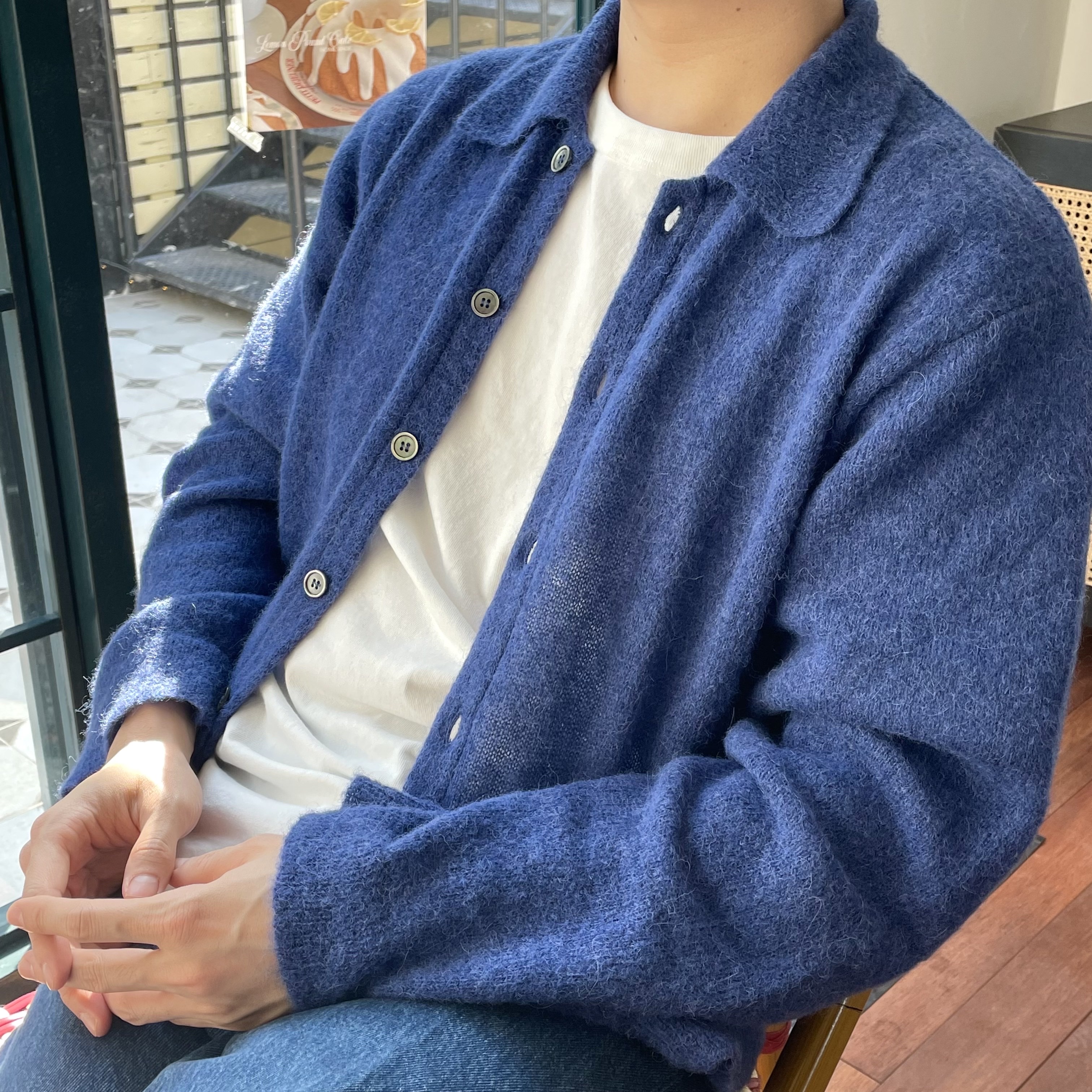 Our Legacy Evening Polo Fuzzy Alpaca Royal Blue 착용 스타일