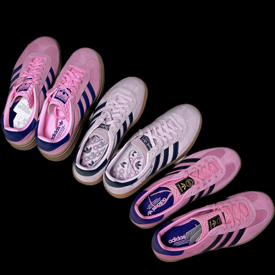 (W) Adidas Gazelle Indoor Bliss Pink, (W) Adidas Gazelle Bold Pink Glow Victory Blue 착용 스타일