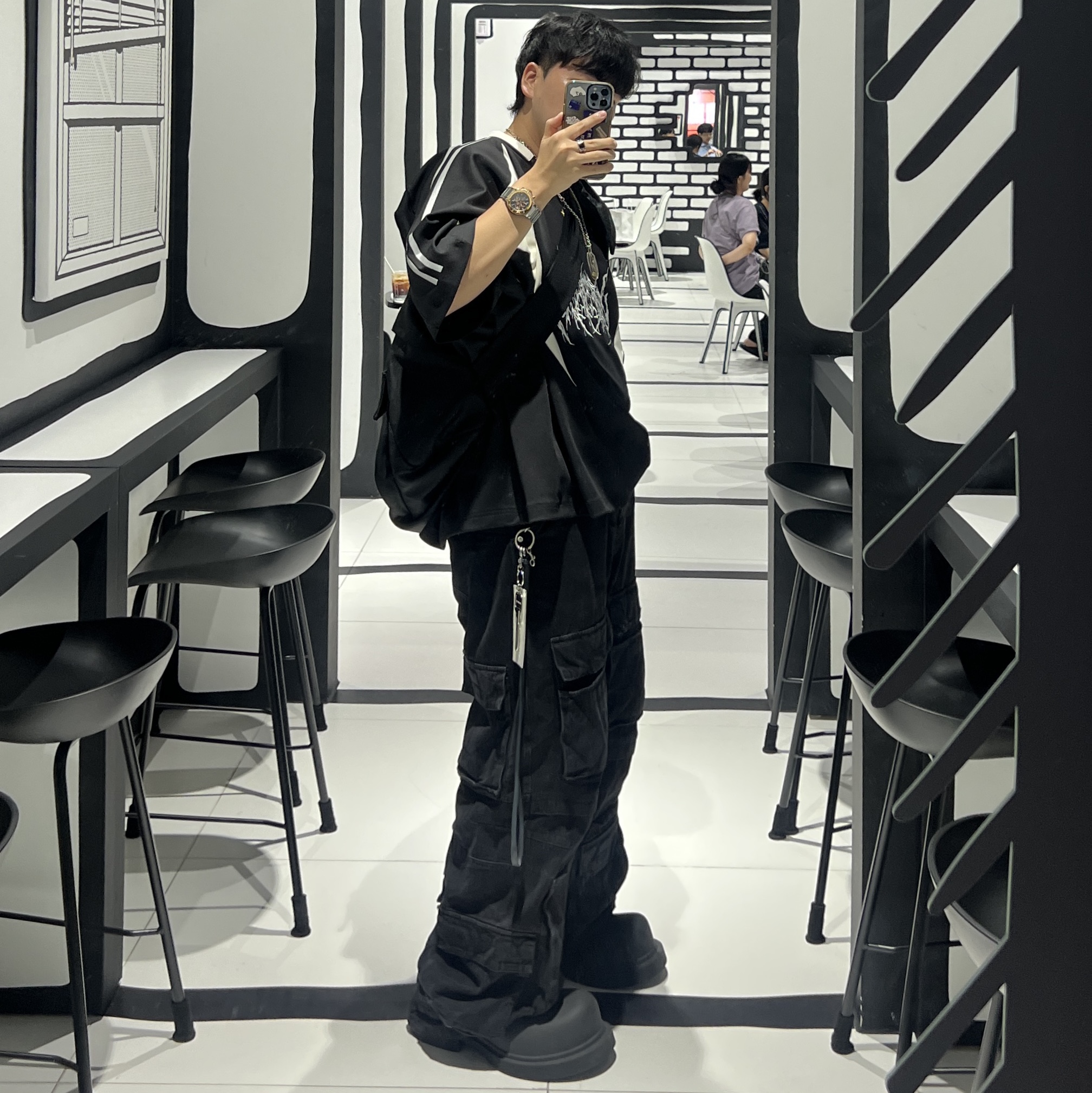 Project G/R Crinkle Denim Cargo Pants Black, Ourpas 062 Jersey Black 착용 스타일