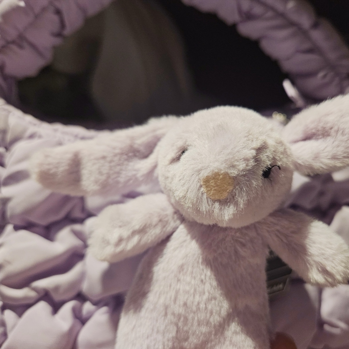 COS Quilted Micro Bag Purple, Jellycat Bashful Bunny Bag Charm Lavender 착용 스타일