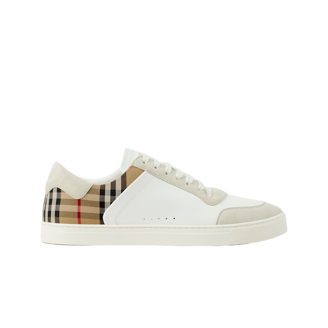 버버리 레더 스웨이드 앤 체크 스니커즈 내츄럴 화이트 아카이브 베이지(Burberry Leather Suede and Check Sneakers Natural White Archive Beige)