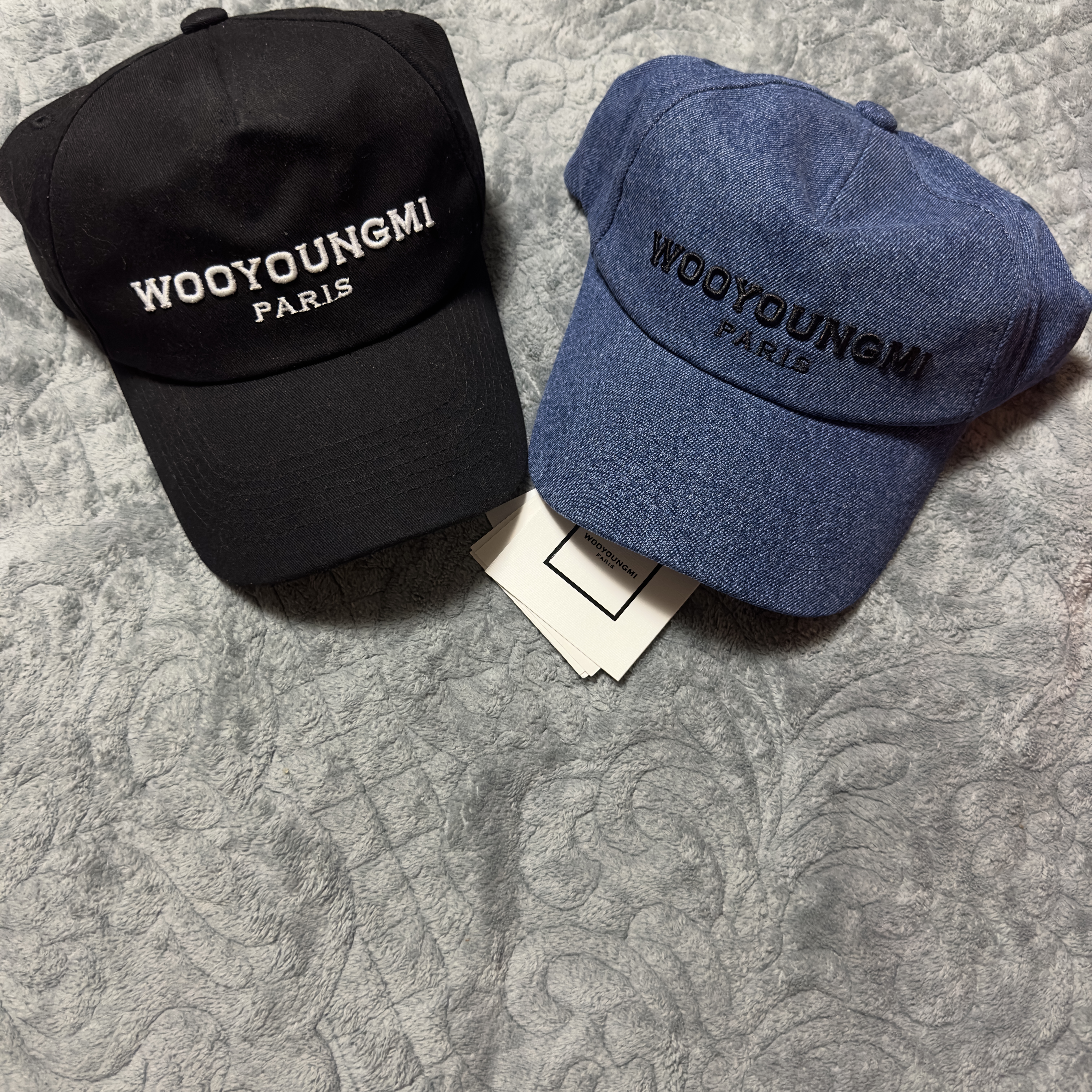 Wooyoungmi Black Embroidered Logo Ball Cap Blue Denim - 22FW, Wooyoungmi White Embroidered Logo Ball Cap Black 착용 스타일