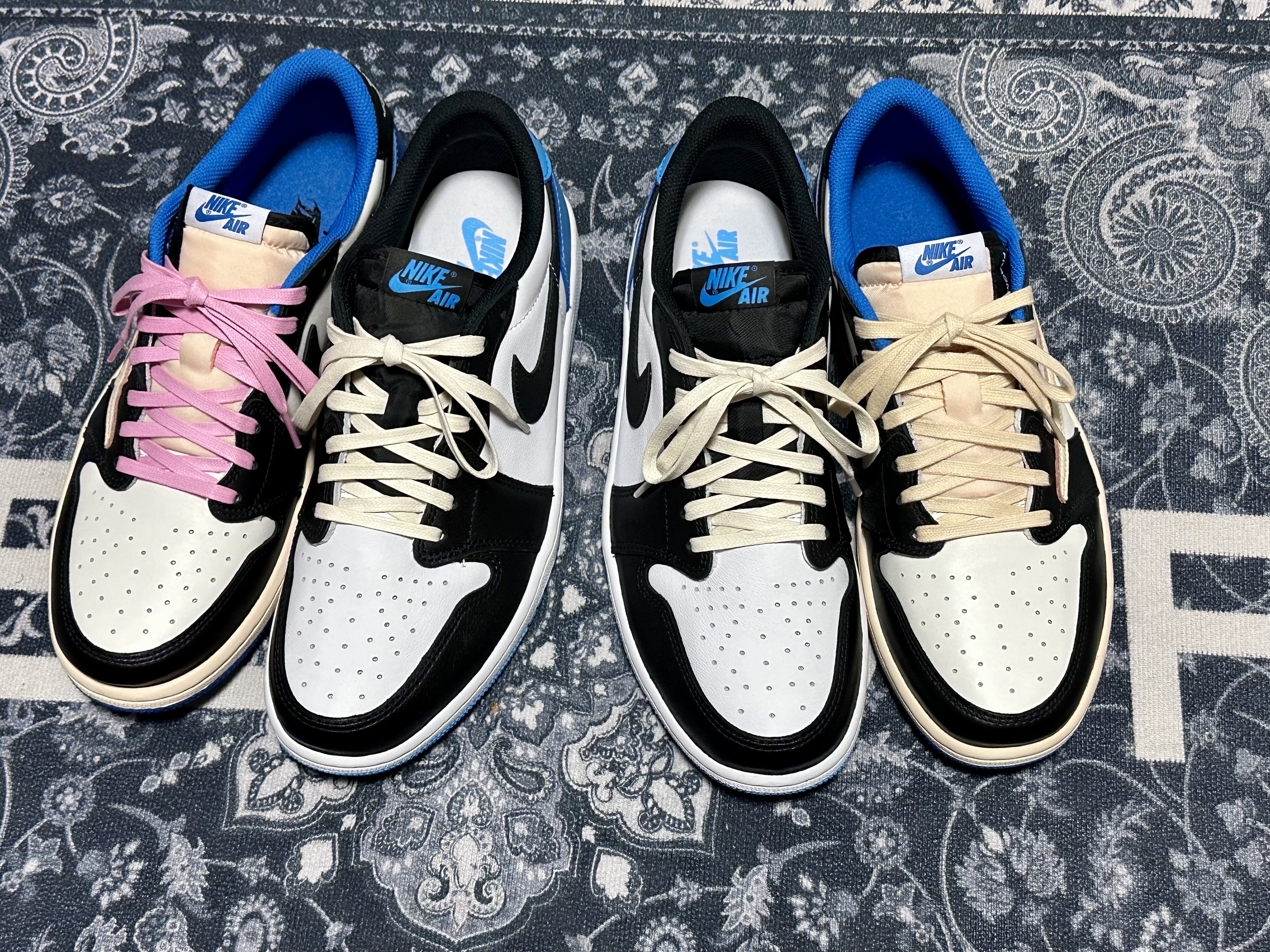 Jordan 1 x Travis Scott x Fragment Retro Low OG SP Military Blue, Jordan 1 Retro Low OG Black and Dark Powder Blue 착용 스타일 - 1