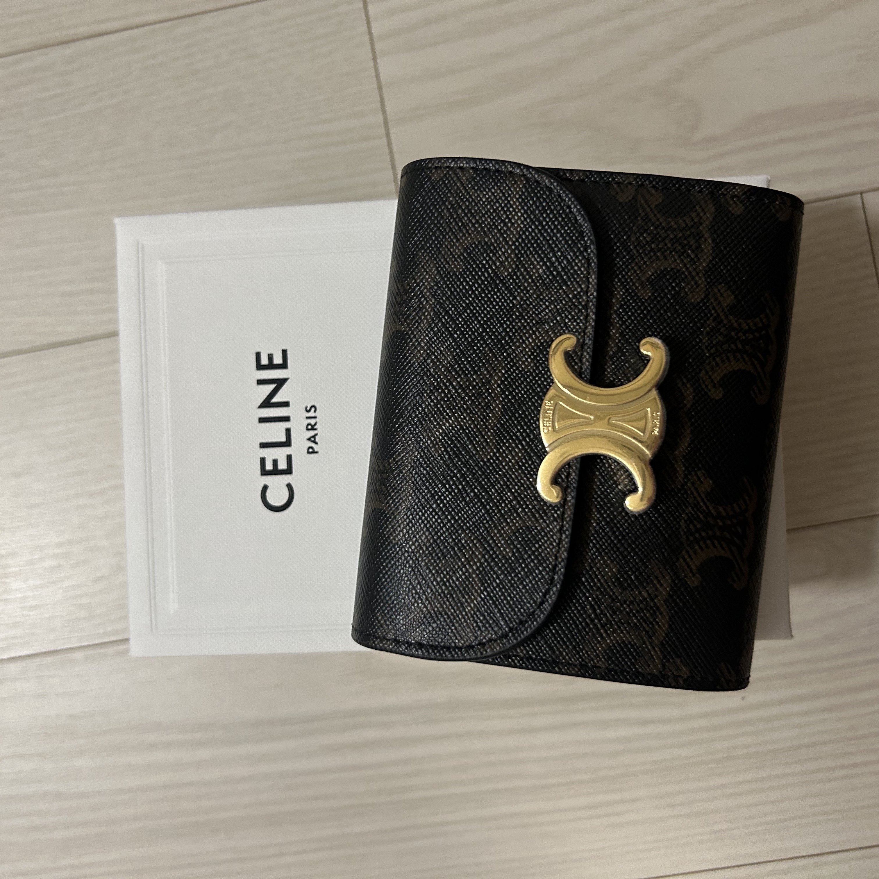 Celine Small Wallet Triomphe in Triomphe Canvas Tan 착용 스타일 - 2