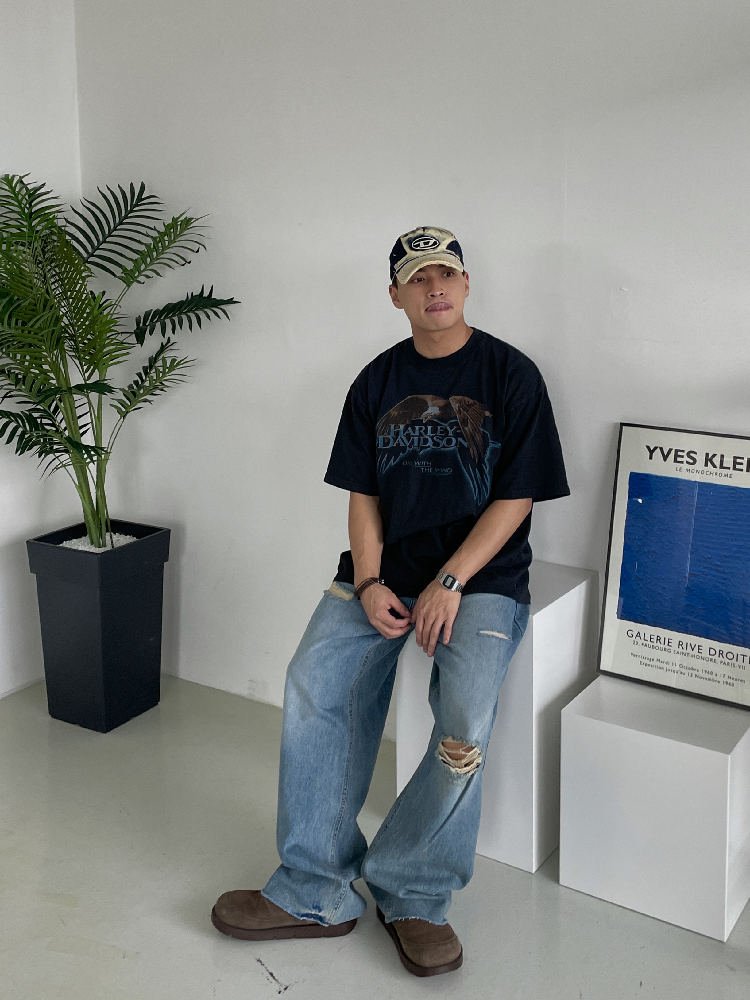 Diesel C-Seymon Treated Denim Baseball Cap Blue White 착용 스타일