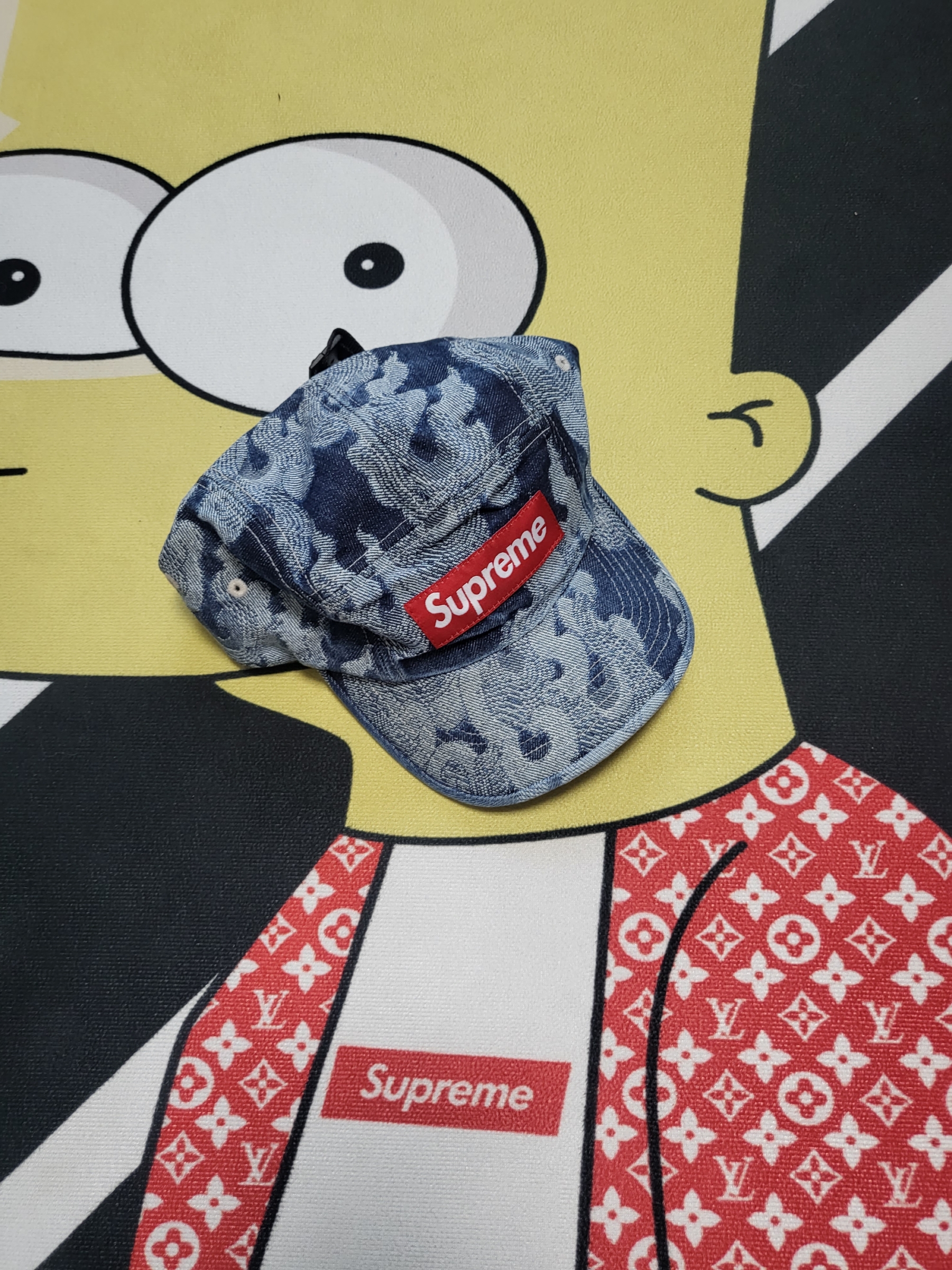 Supreme Flames Jacquard Denim Camp Cap Washed Indigo - 23SS 착용 스타일