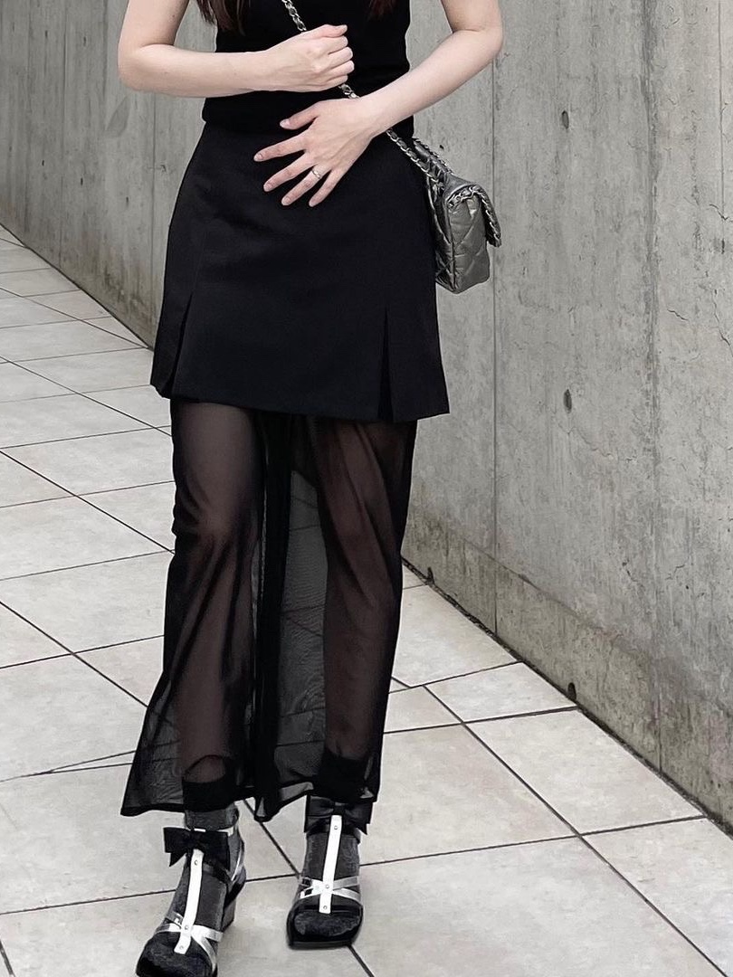 Leha Women Sheer Layering DrapEd Skirt Black 착용 스타일 - 1