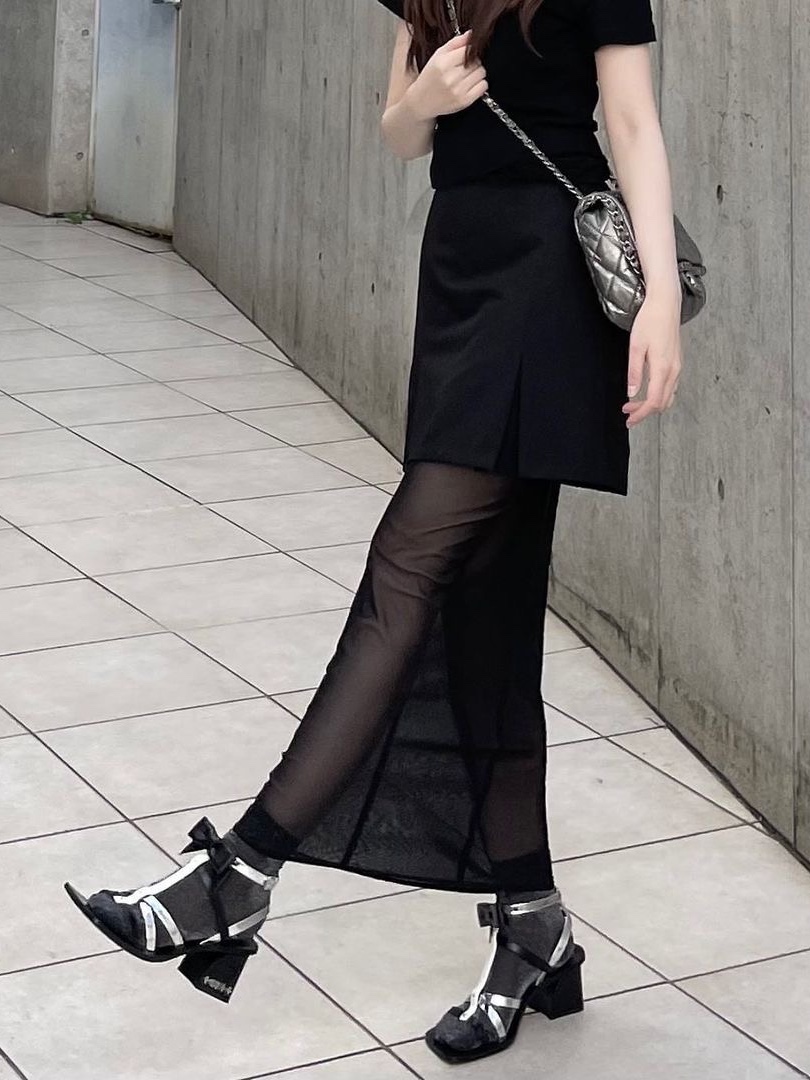 Leha Women Sheer Layering DrapEd Skirt Black 착용 스타일 - 2