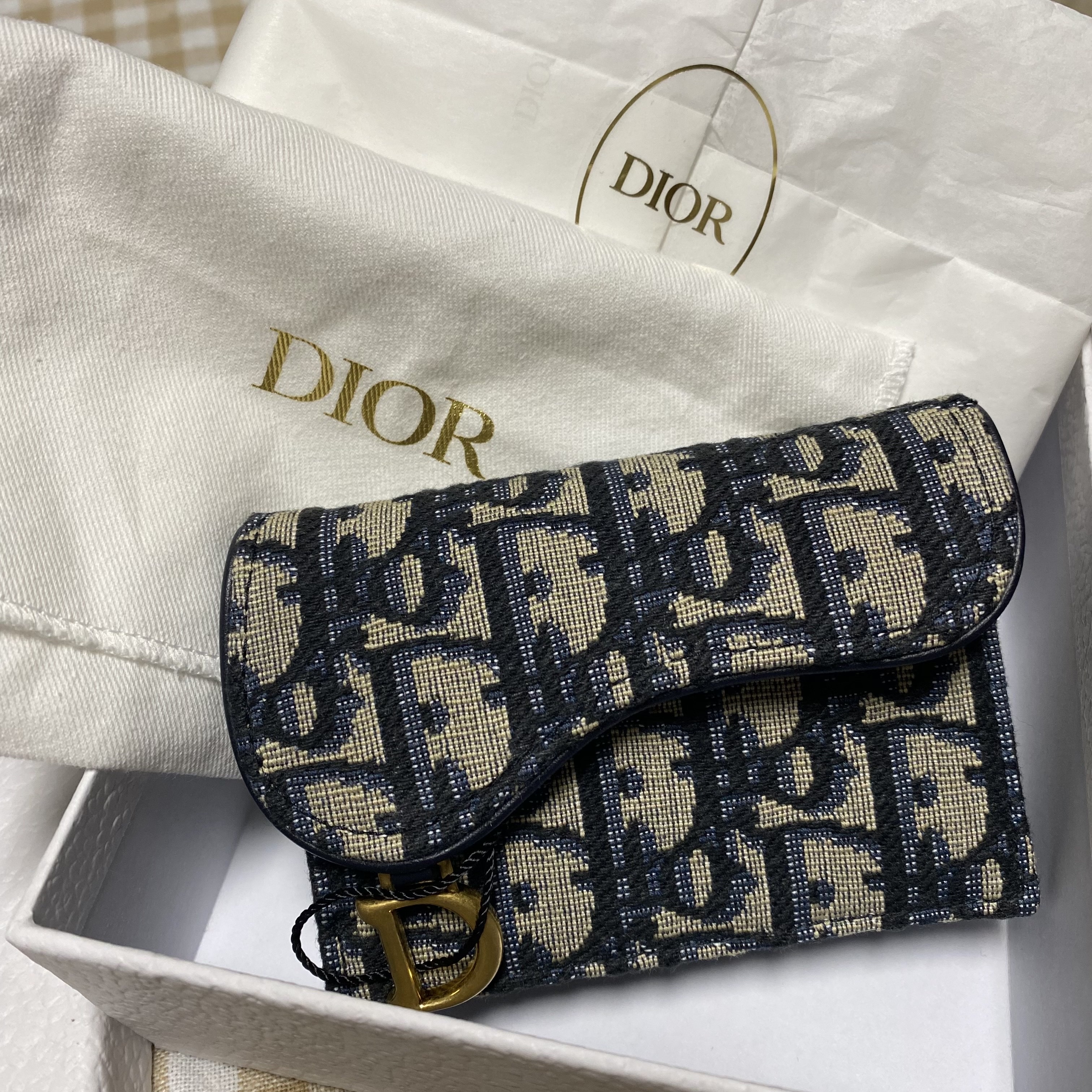 Dior Saddle Flap Card Holder Blue Dior Oblique Jacquard 착용 스타일 - 2