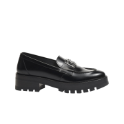 (W) Chanel Loafers Calfskin Metal & Black