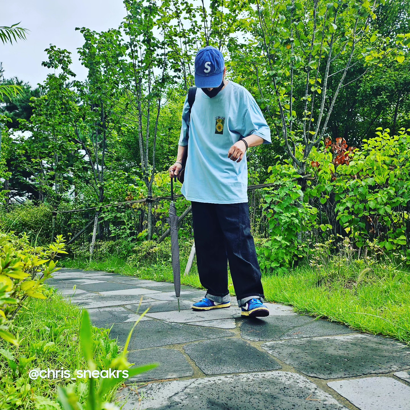 Supreme Pigment Canvas S Logo 6-Panel Navy - 23SS, Stussy Flower Grid Pigment Dyed T-Shirt Sky Blue 착용 스타일 - 3
