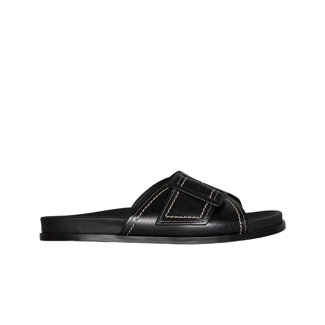 (W) 코스 콘트라스트 스티치 버클 레더 슬라이드 블랙 화이트((W) COS Contrast Stitch Buckle Leather Slide Black White)