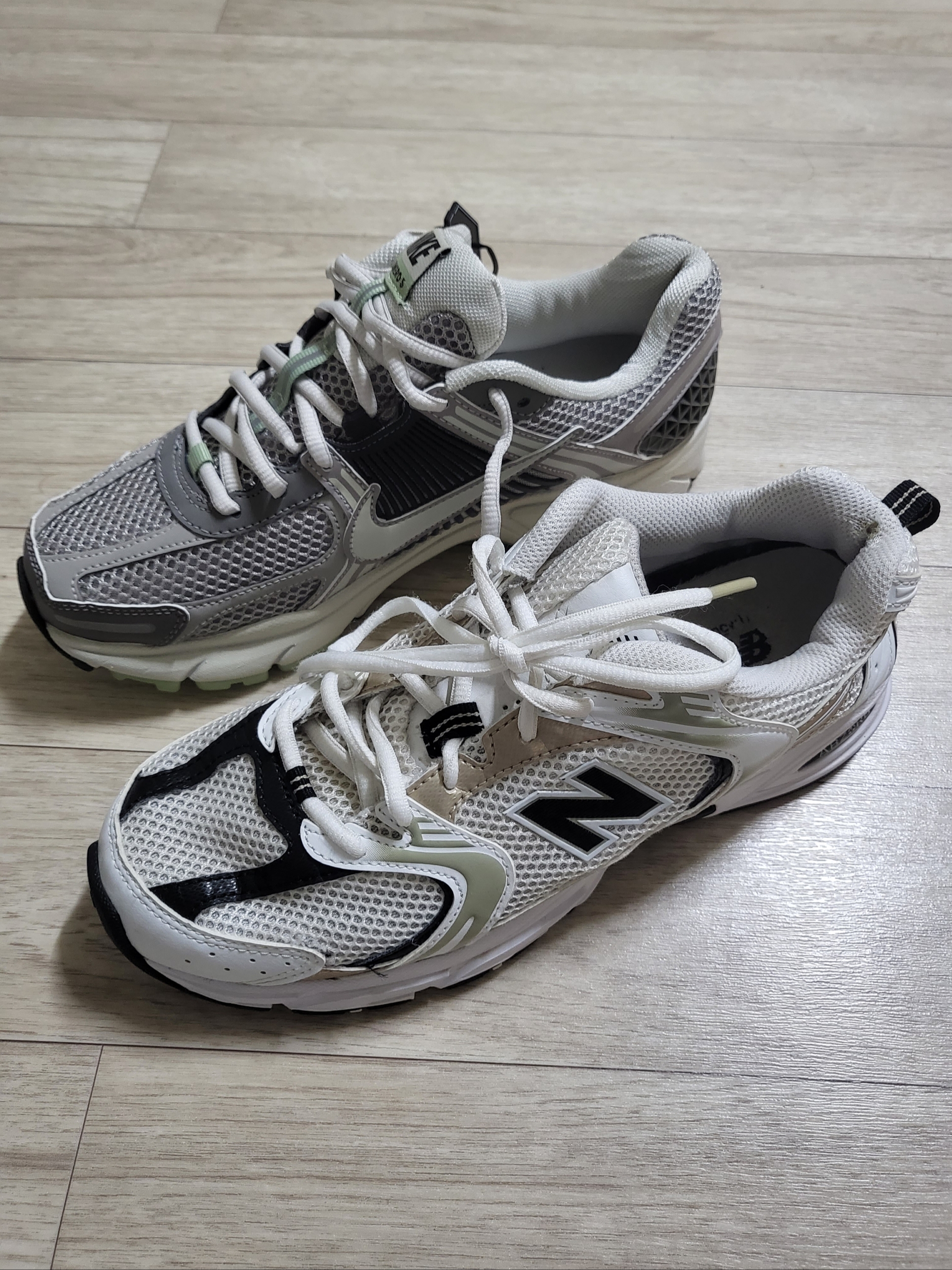 (W) Nike Zoom Vomero 5 Cobblestone and Flat Pewter, Nike P-6000 Flat Pewter Light Iron Ore 착용 스타일 - 3