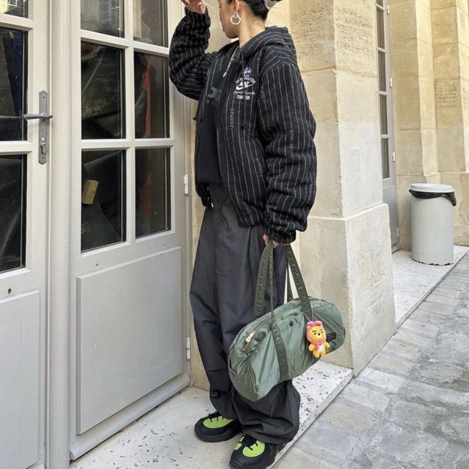 Porter Tanker Duffle Bag S Sage Green, Nike x Stussy Air Penny II Vivid Green and Black 착용 스타일