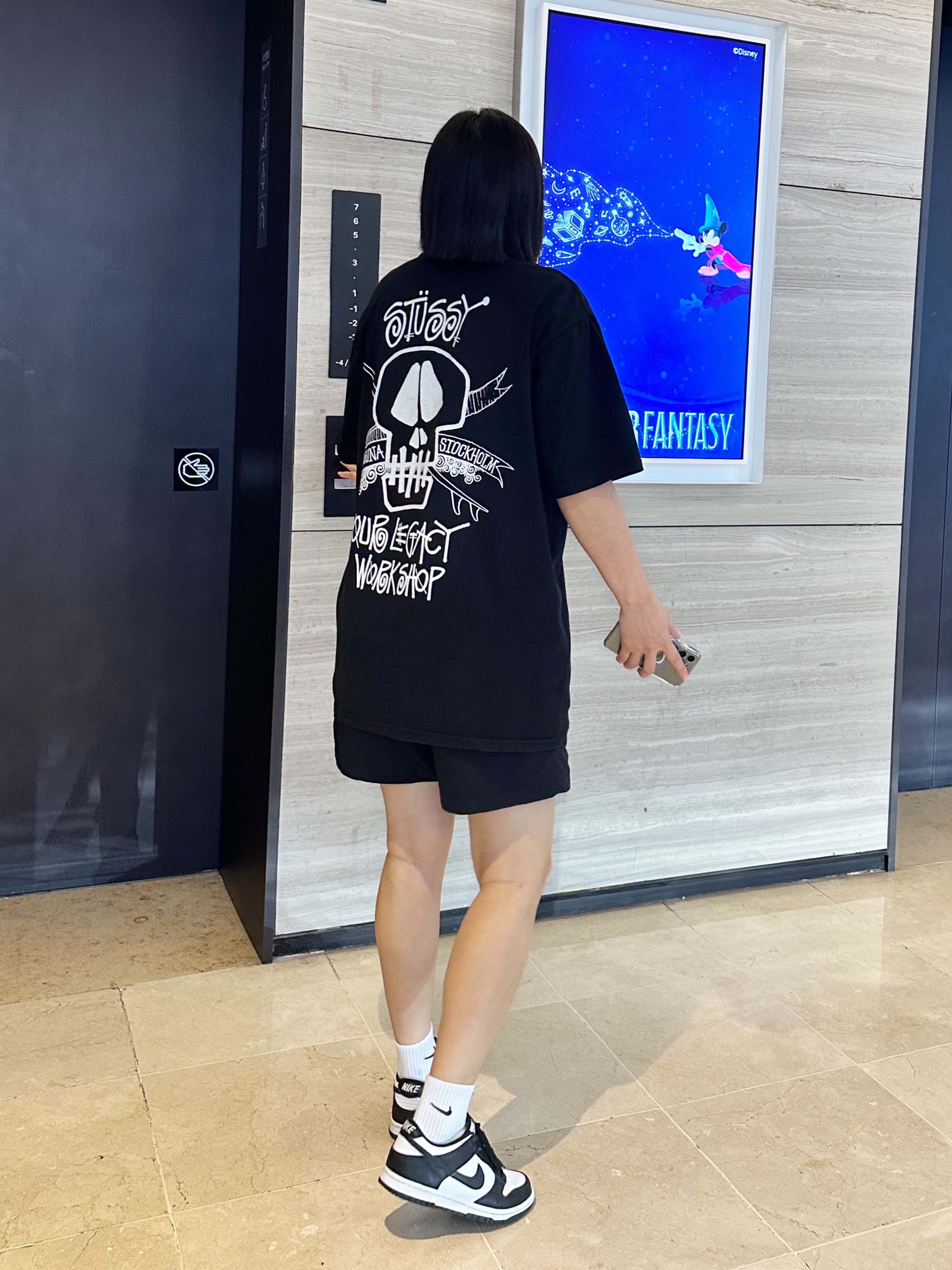 Stussy x Our Legacy Work Shop Surf Skull Pigment Dyed T-Shirt Black, (W) Nike ACG Oversized Shorts Black - Asia 착용 스타일